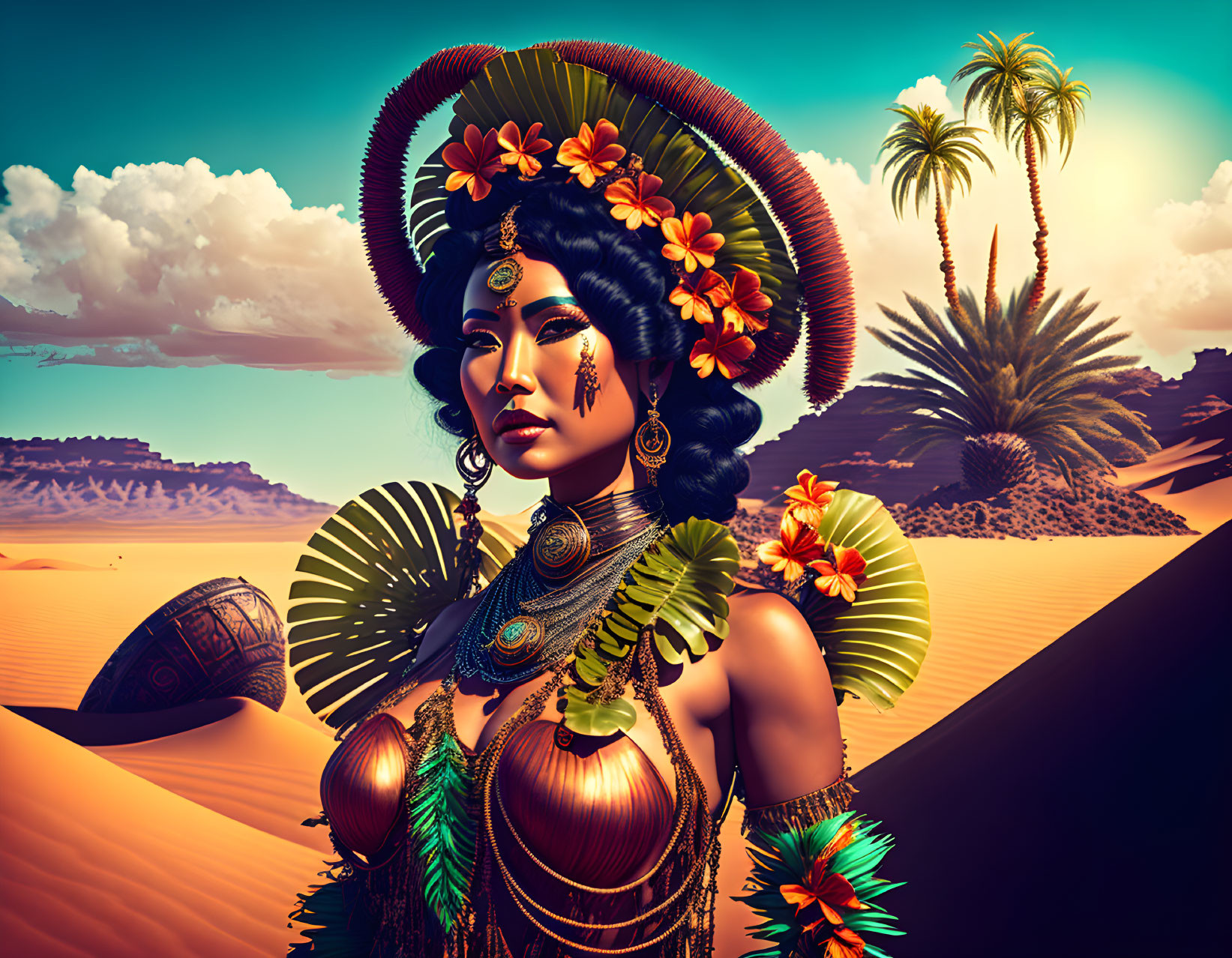 Illustration of woman in tribal attire with desert landscape, sand dunes, palm trees, and pottery