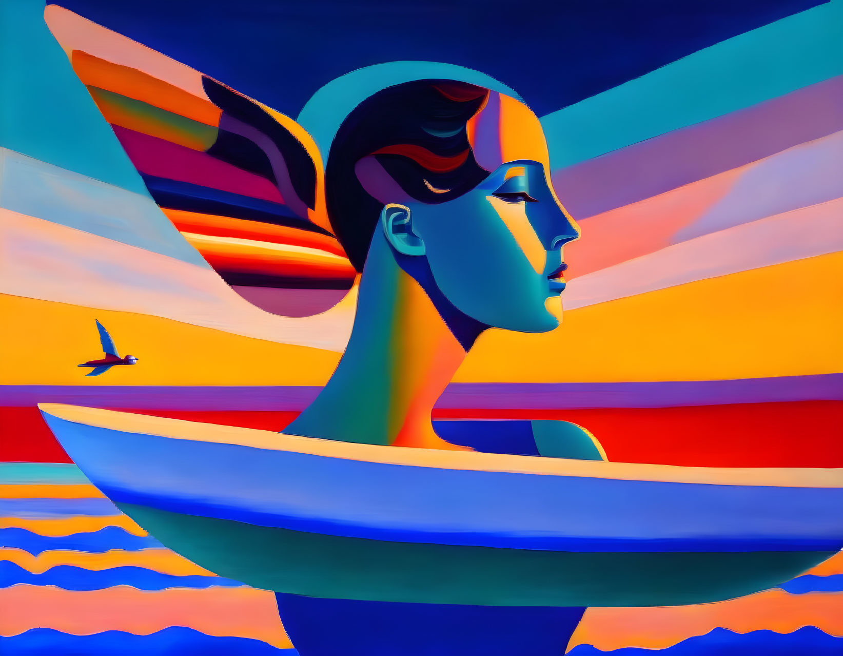 Colorful Stylized Portrait: Woman, Boat, Sunset Motif, Bold Stripes, Sol