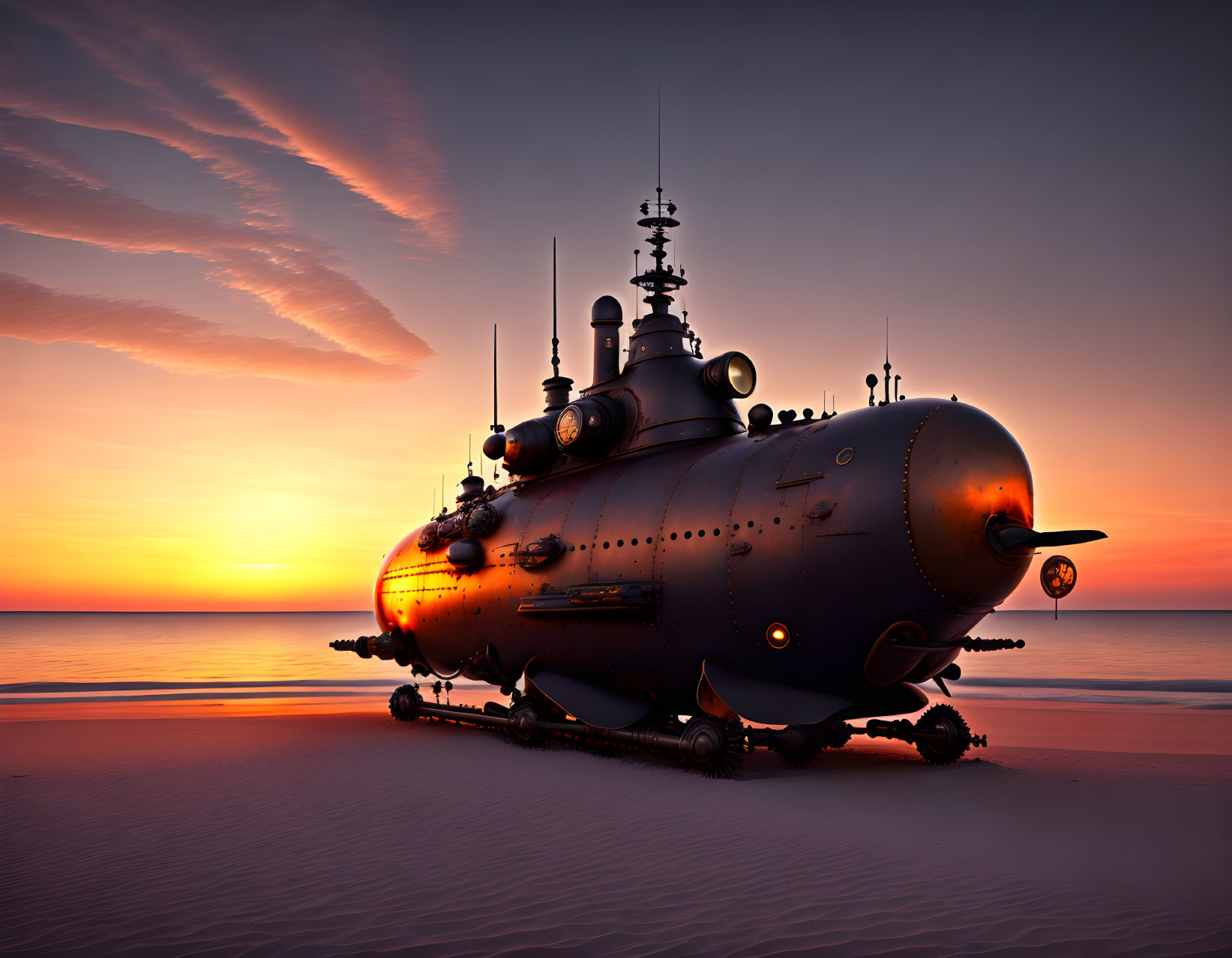 Steampunk submarine on sandy beach at sunset with orange sky.