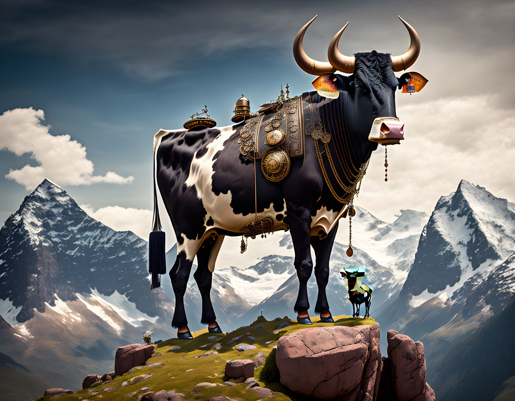 Giant decorated cow on mountain landscape with smaller copy on cliff edge