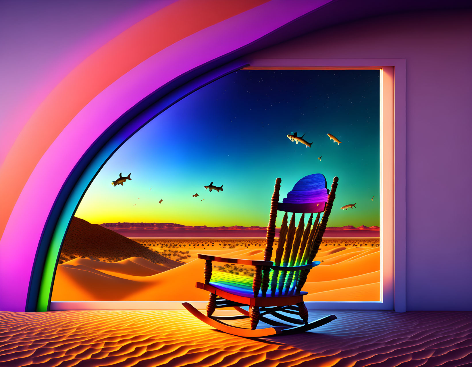 Colorful Rocking Chair Overlooking Desert Landscape at Twilight