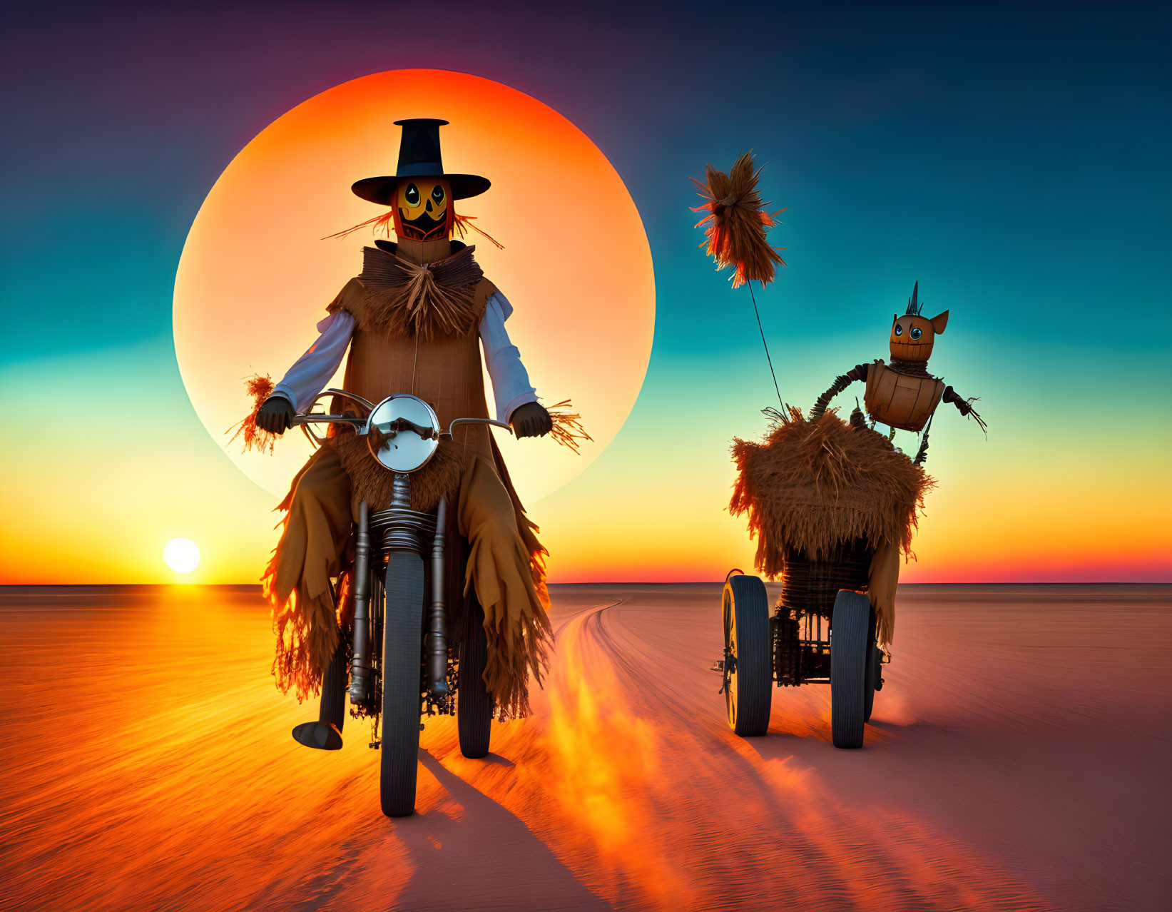 Whimsical scarecrow characters on custom motorcycles in desert sunset