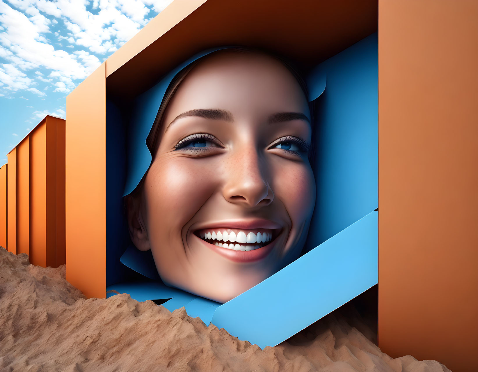 Surreal smiling woman's face in orange wall against blue sky