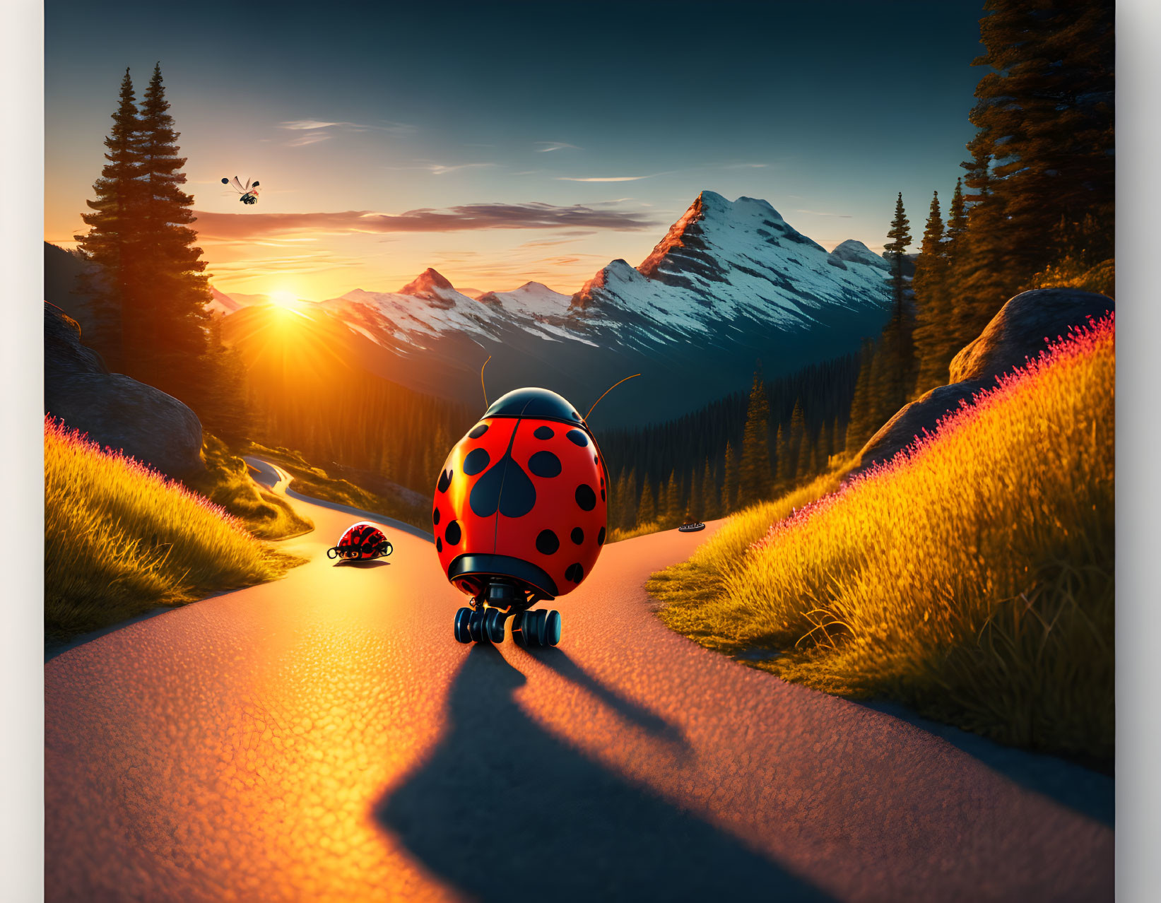 Animated ladybug-shaped cars on winding road in mountain landscape at sunset