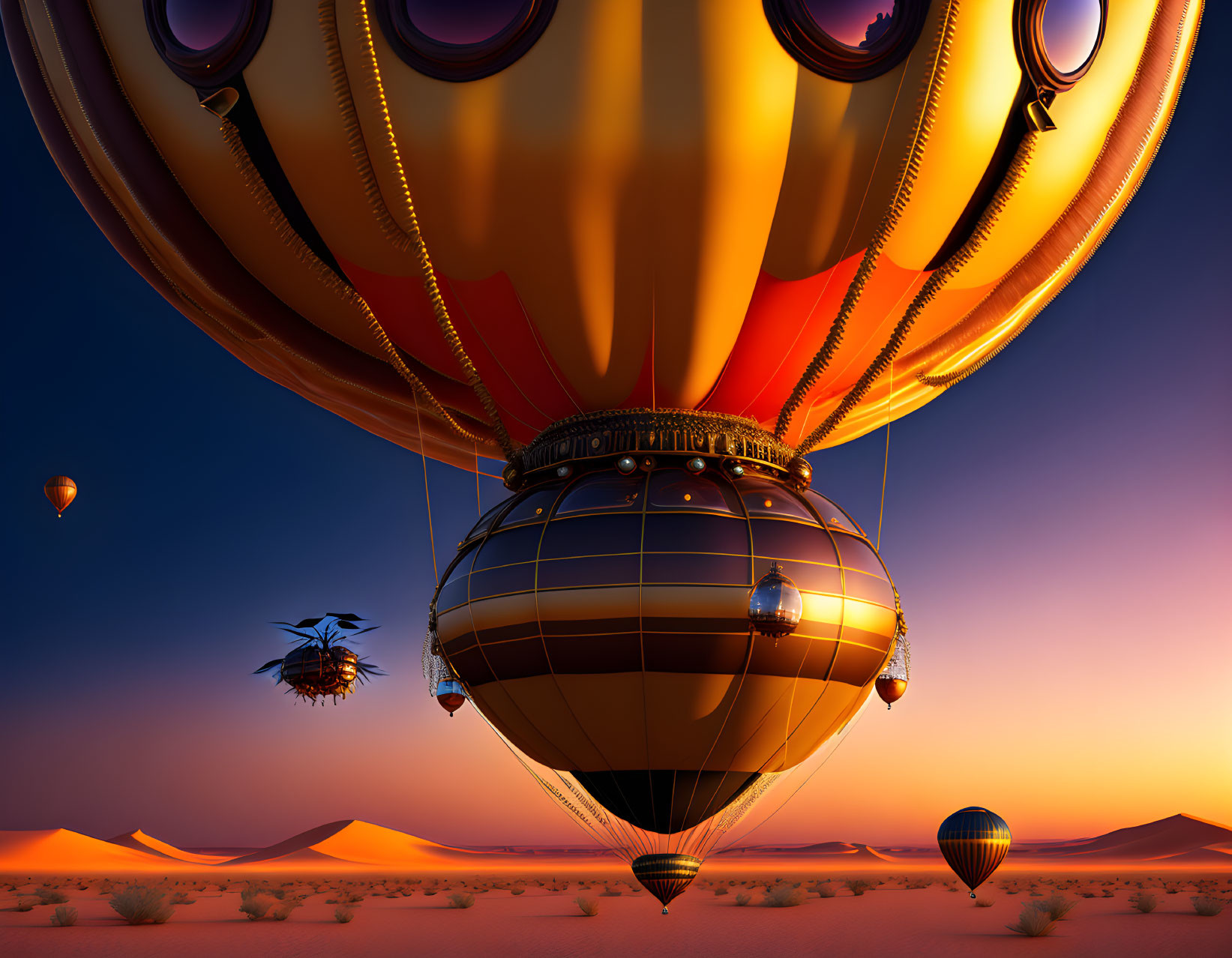 Colorful hot air balloon in twilight desert sky with whimsical airship