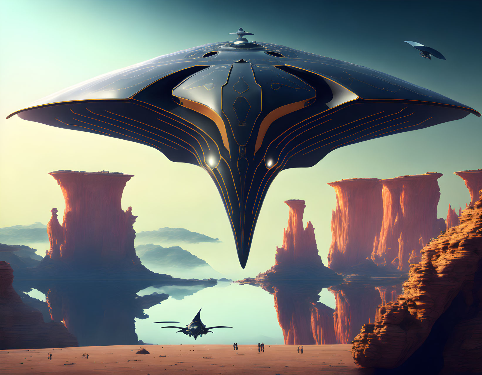 Futuristic spaceship above desert landscape with rock formations