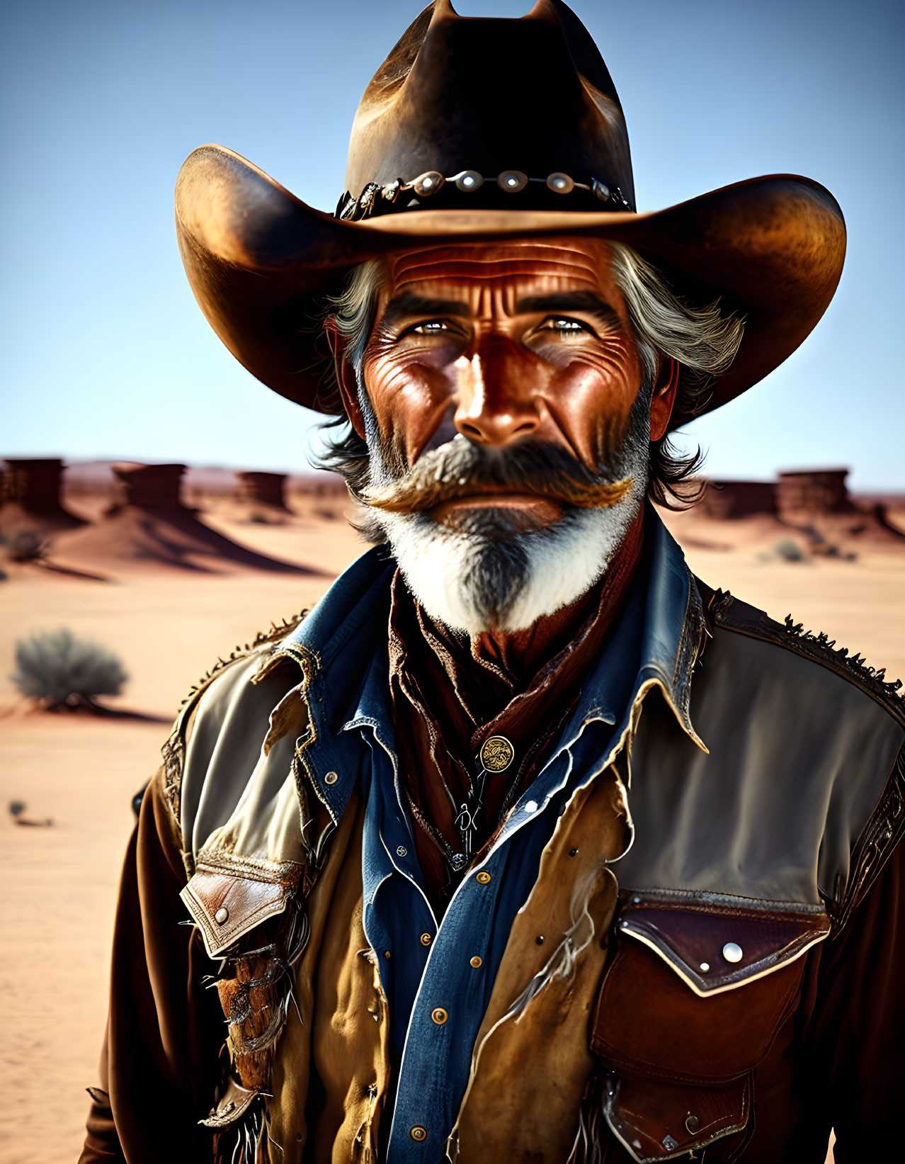 Weathered-faced cowboy in wide-brimmed hat against desert backdrop