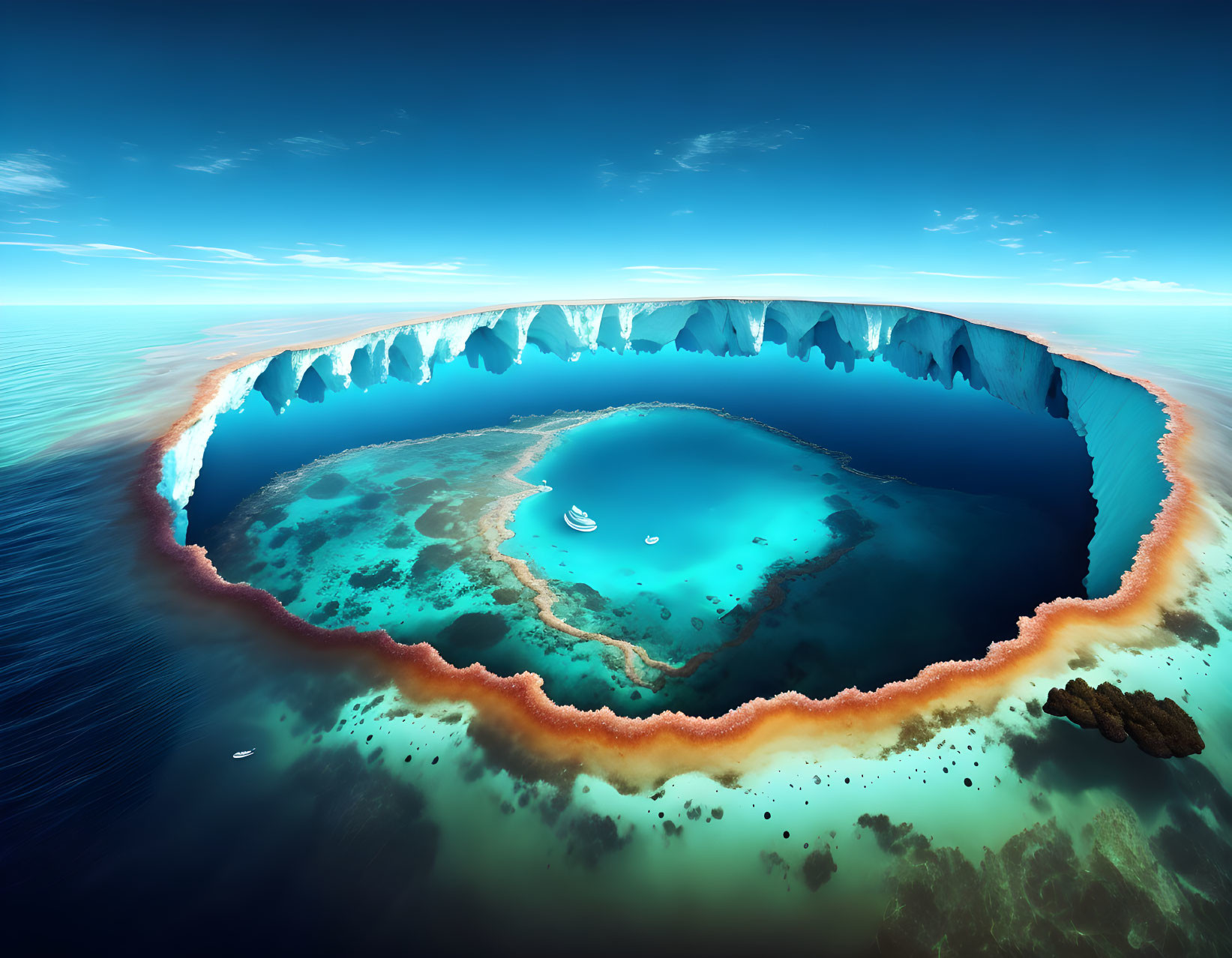 Vibrant heart-shaped atoll with turquoise waters and coral reef