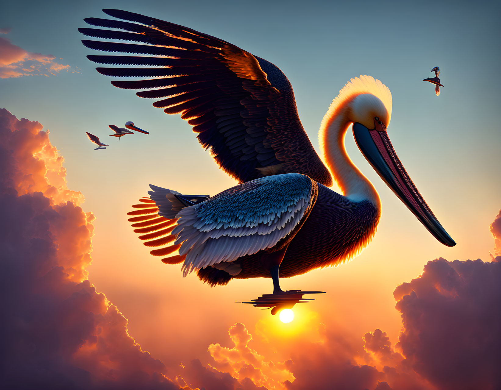 Pelican gliding over water at sunset with reflection and birds in the sky