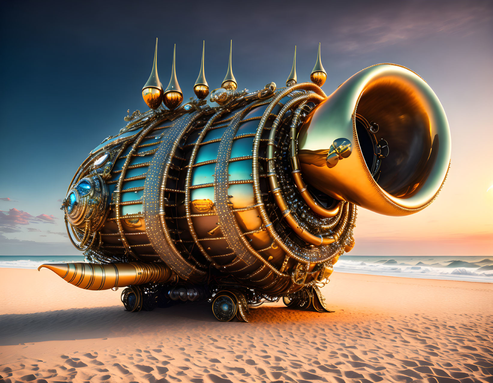 Surreal snail-like machine with trumpet horn on beach at sunset