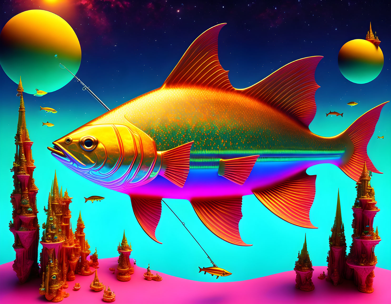 Colorful digital art: shimmering fish, golden alien structures, dual-mooned neon sky