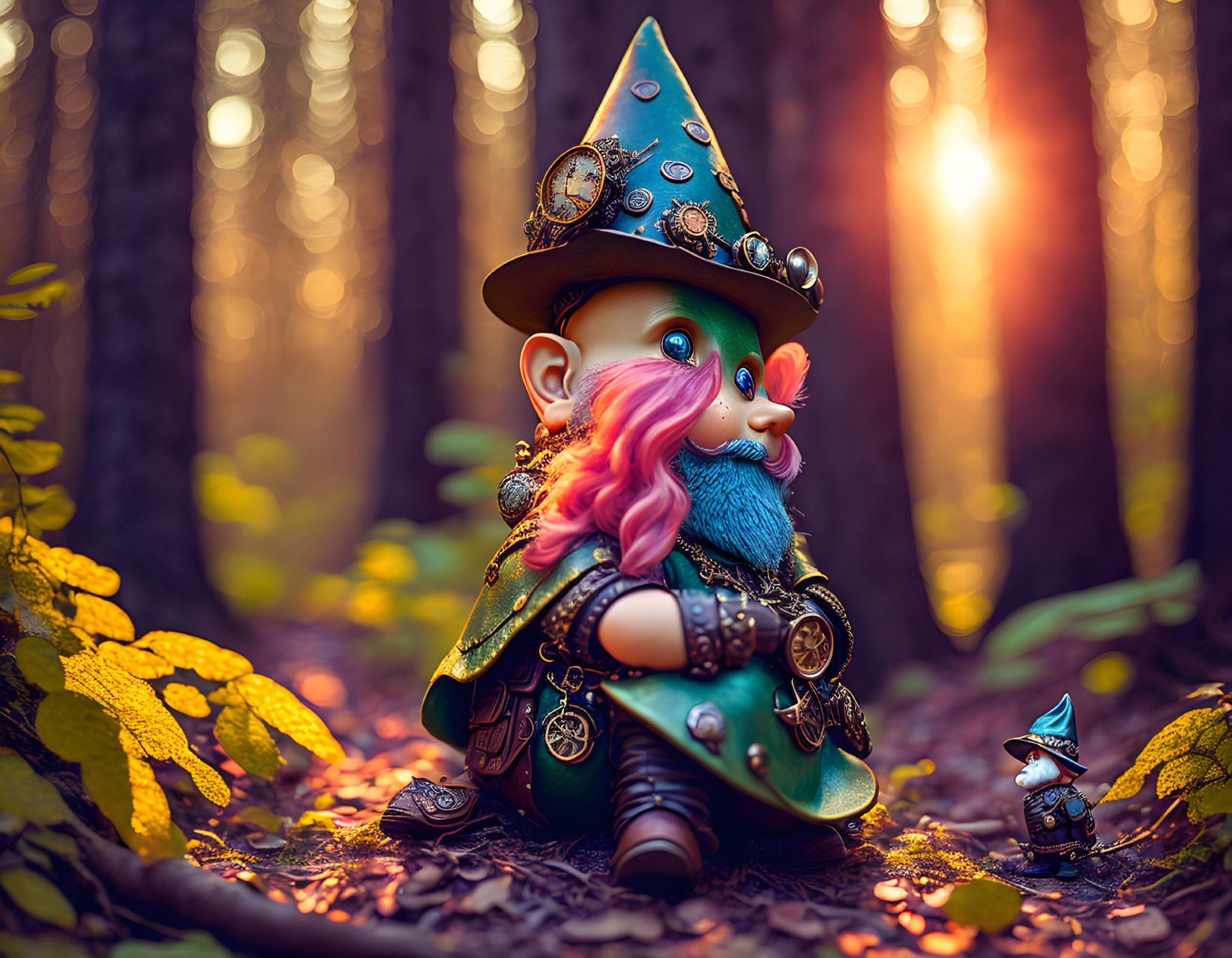 Colorful illustration of a bearded gnome in pink beard, blue hat, and green cloak in golden