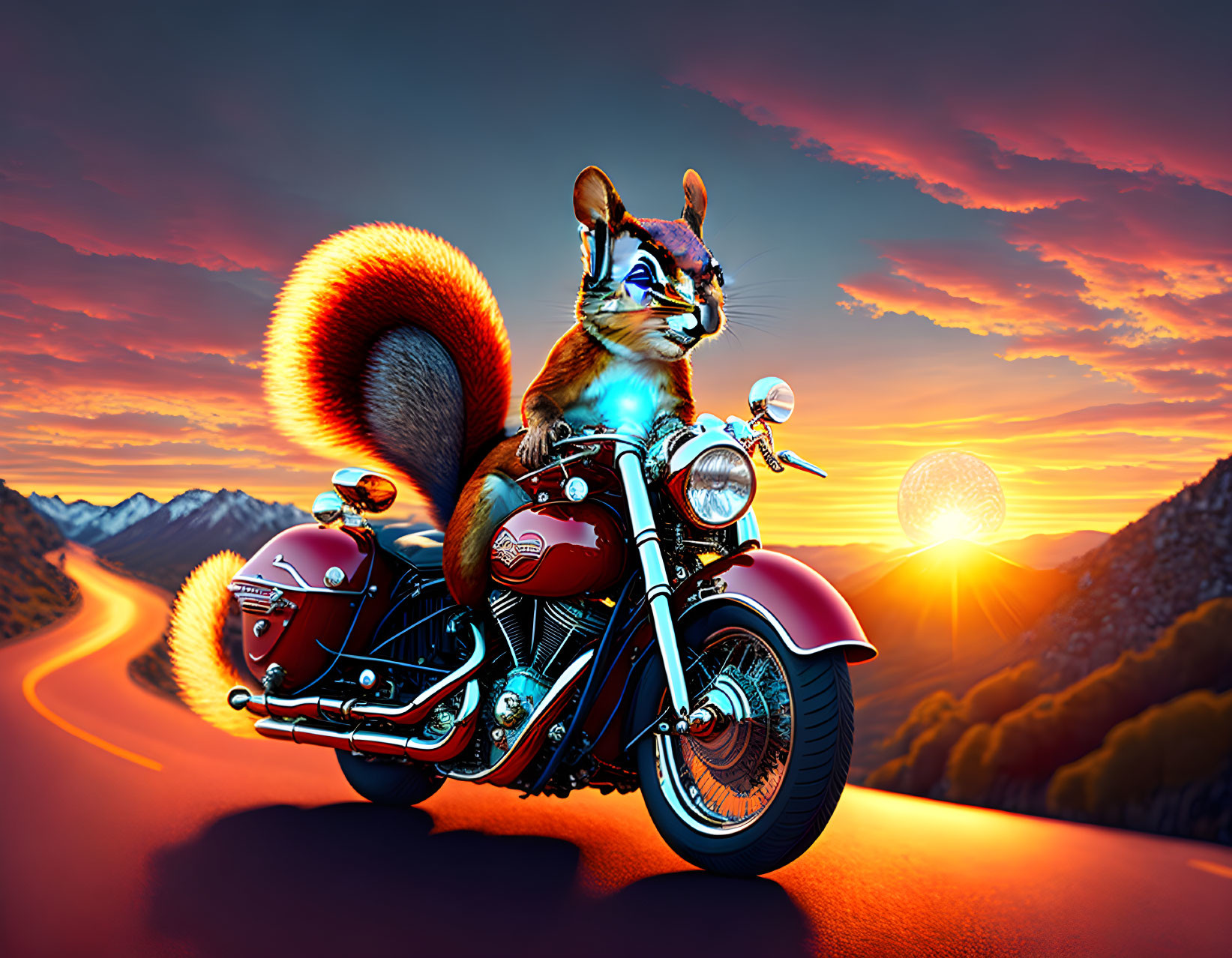 Anthropomorphic squirrel on vintage motorcycle in mountain sunset scene