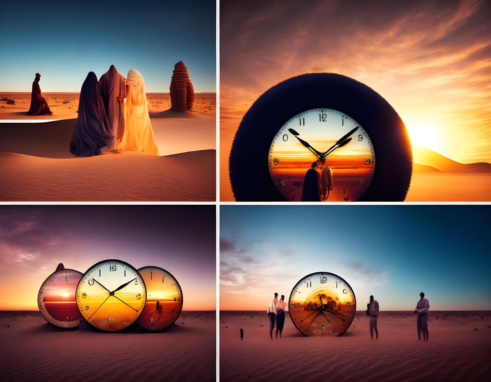 Four Surreal Desert Scene Panels: Woman Walking, Veiled Figures, Merging Clocks, Clock