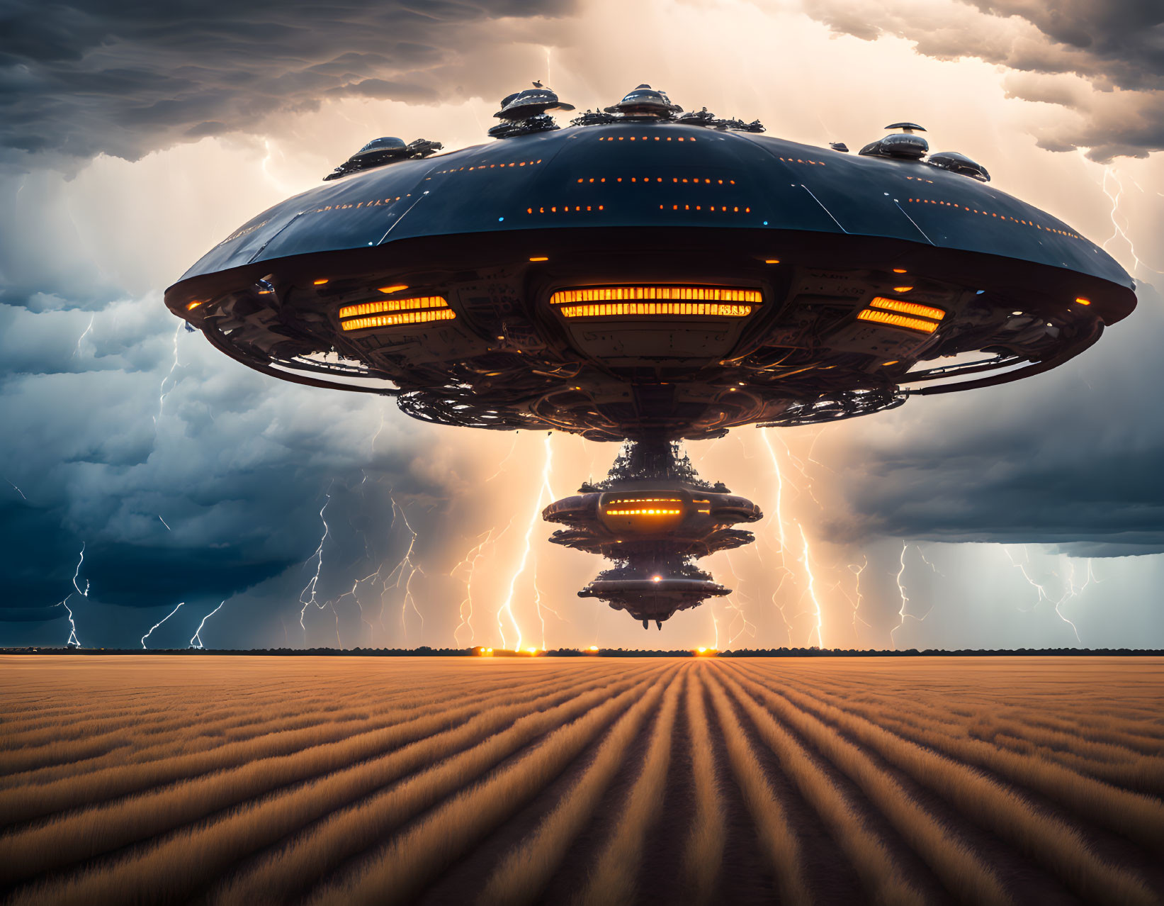 Saucer-shaped UFO over field under dramatic skies