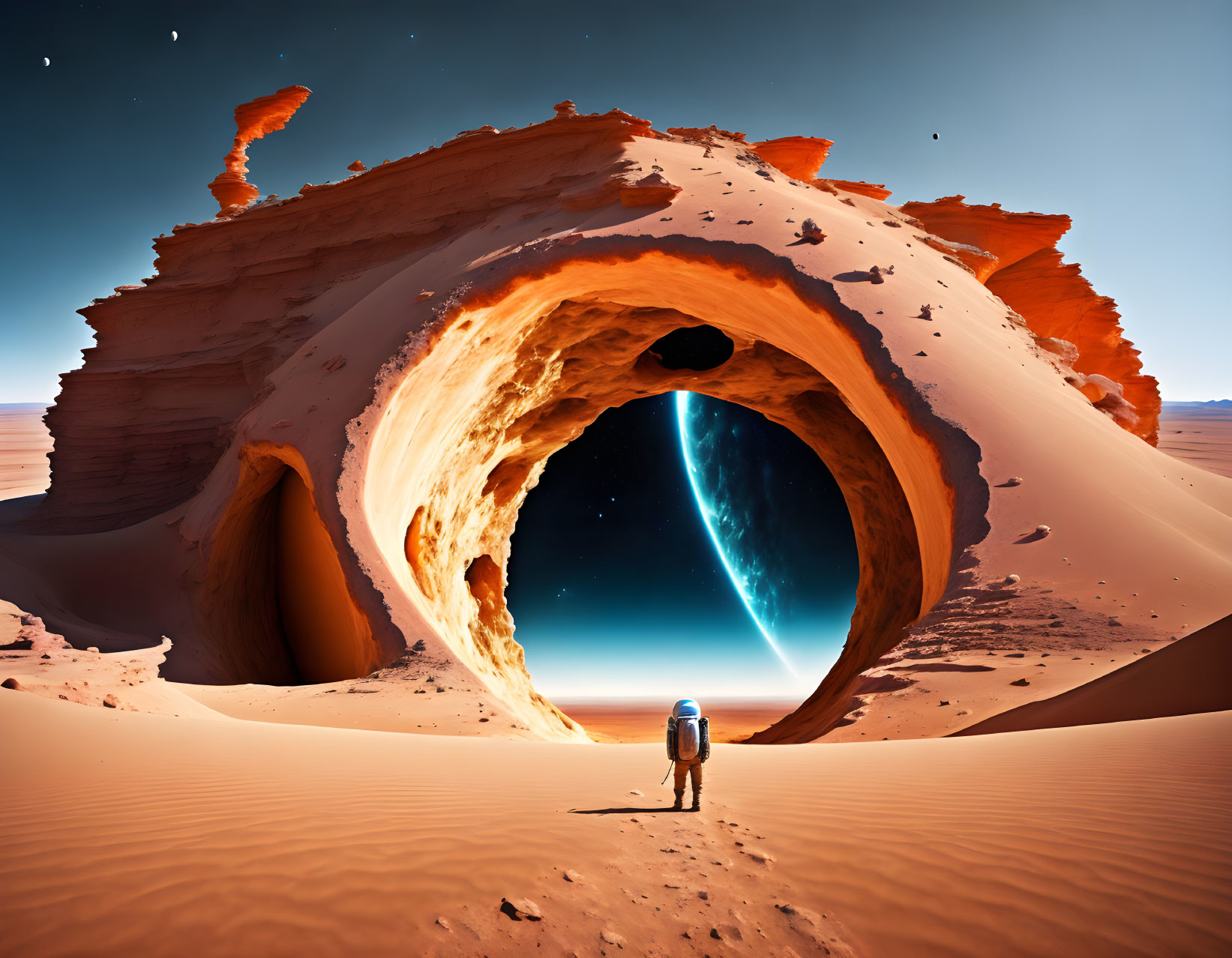 Astronaut in desert landscape with cosmic archway