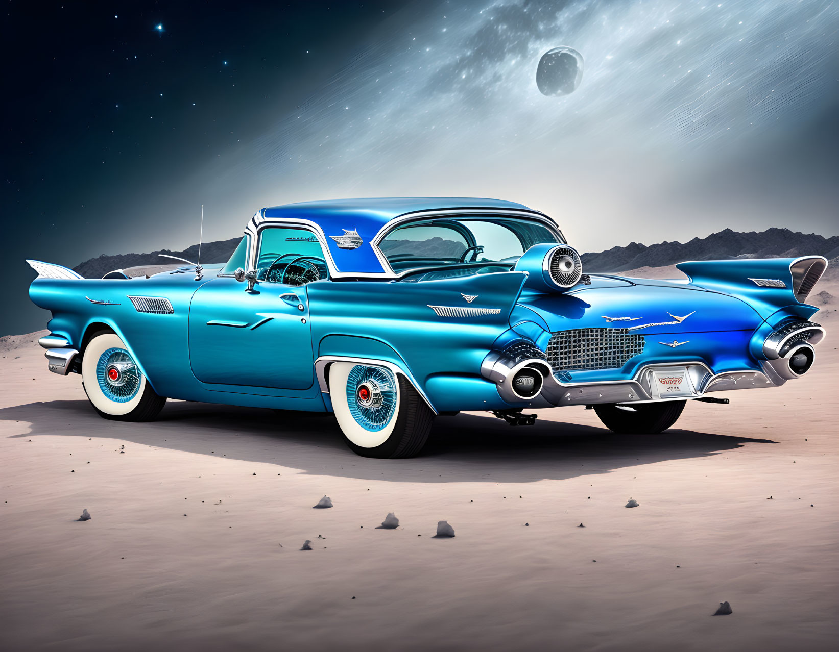 Classic Blue Car with Tailfins on Desert Night Sky