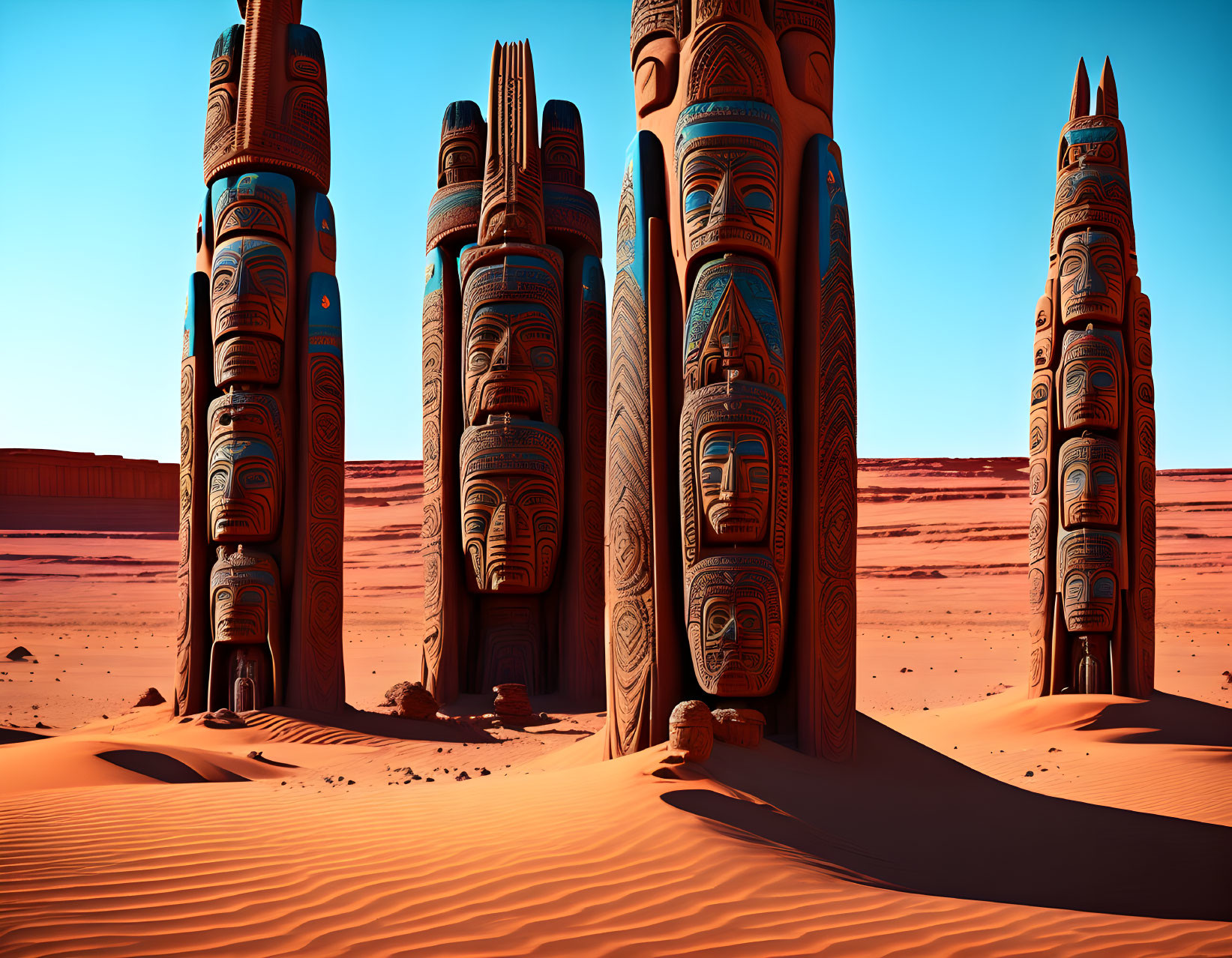 Futuristic totem pillars with faces and patterns in desert landscape