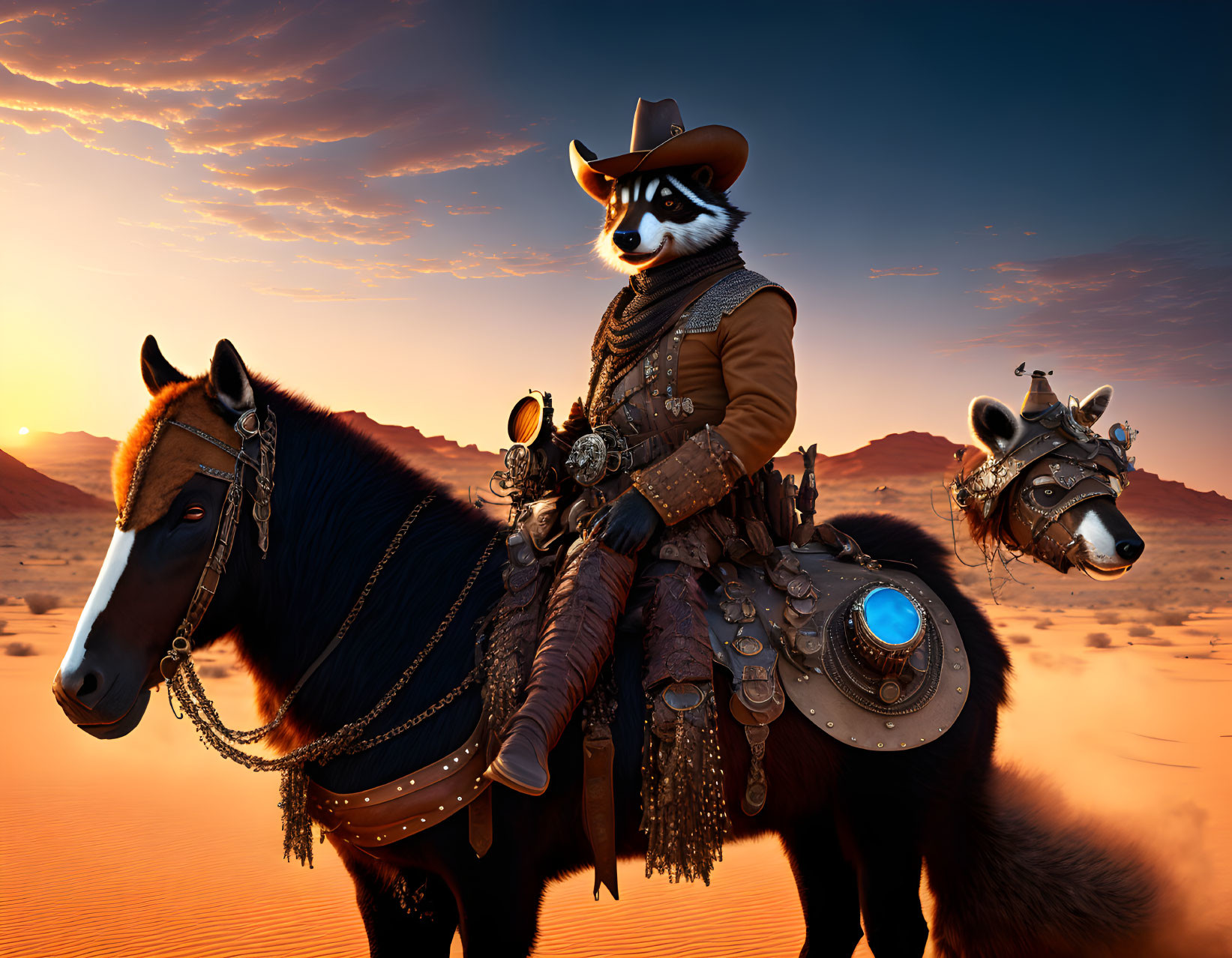 Cowboy raccoon on horse with futuristic gear in desert sunset.