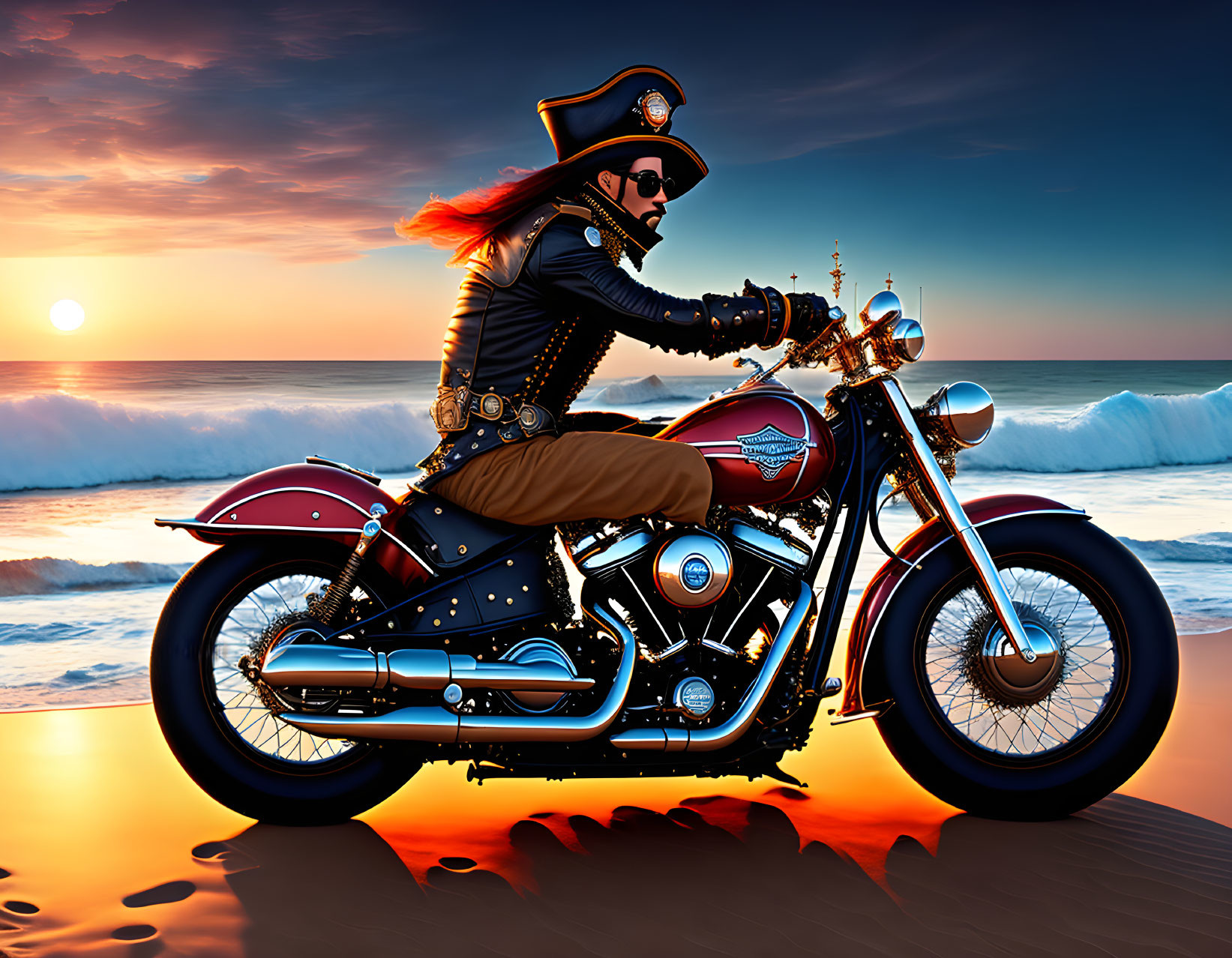 Pirate riding motorcycle on beach at sunset