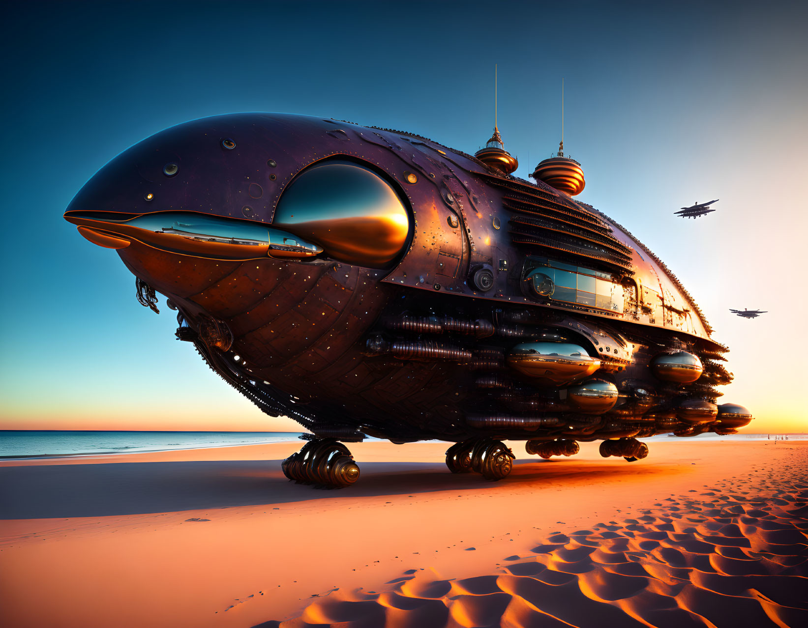 Whale-shaped futuristic airship with spherical pods lands on beach at sunset