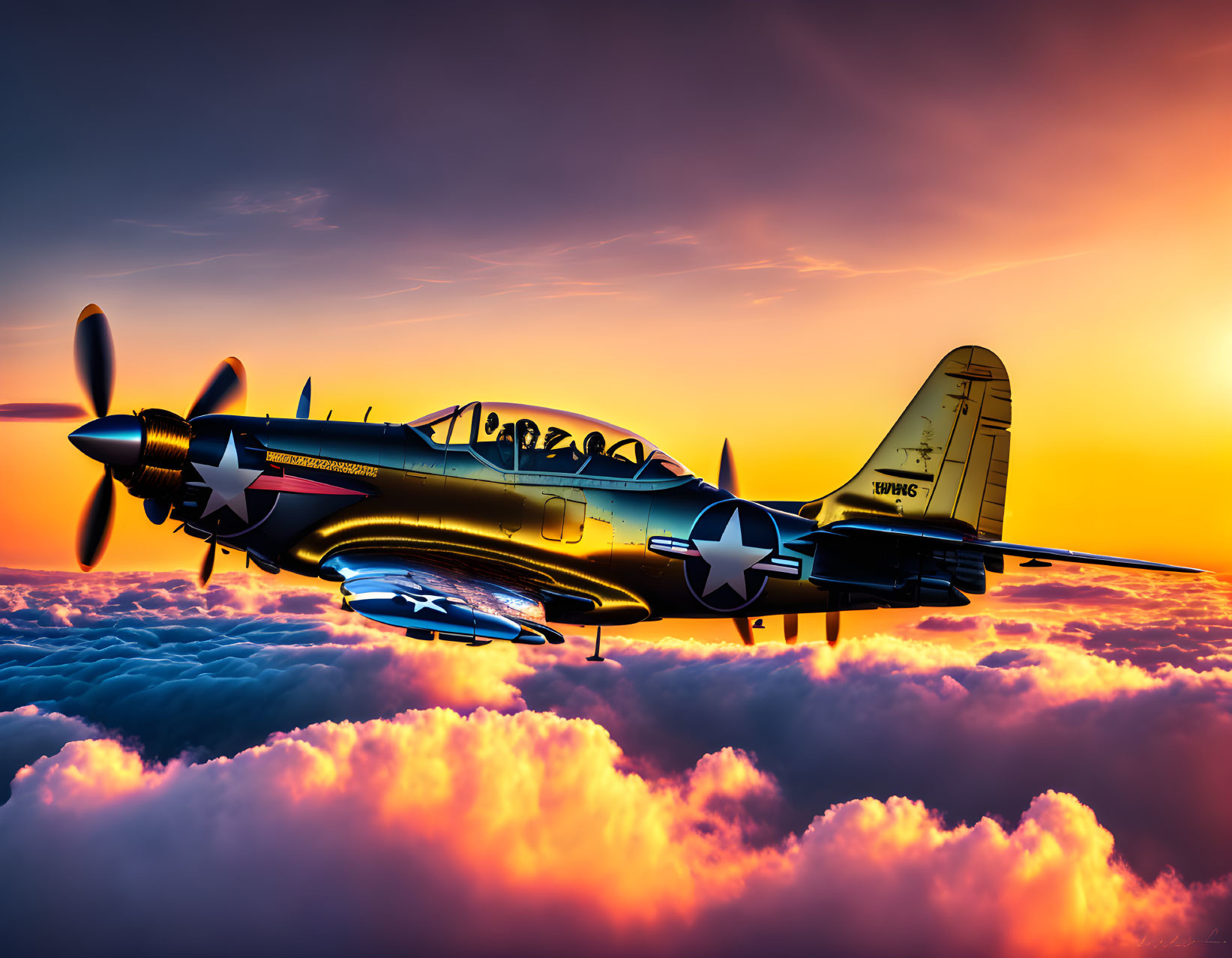 Vintage Fighter Plane Soaring in Orange and Purple Sunset