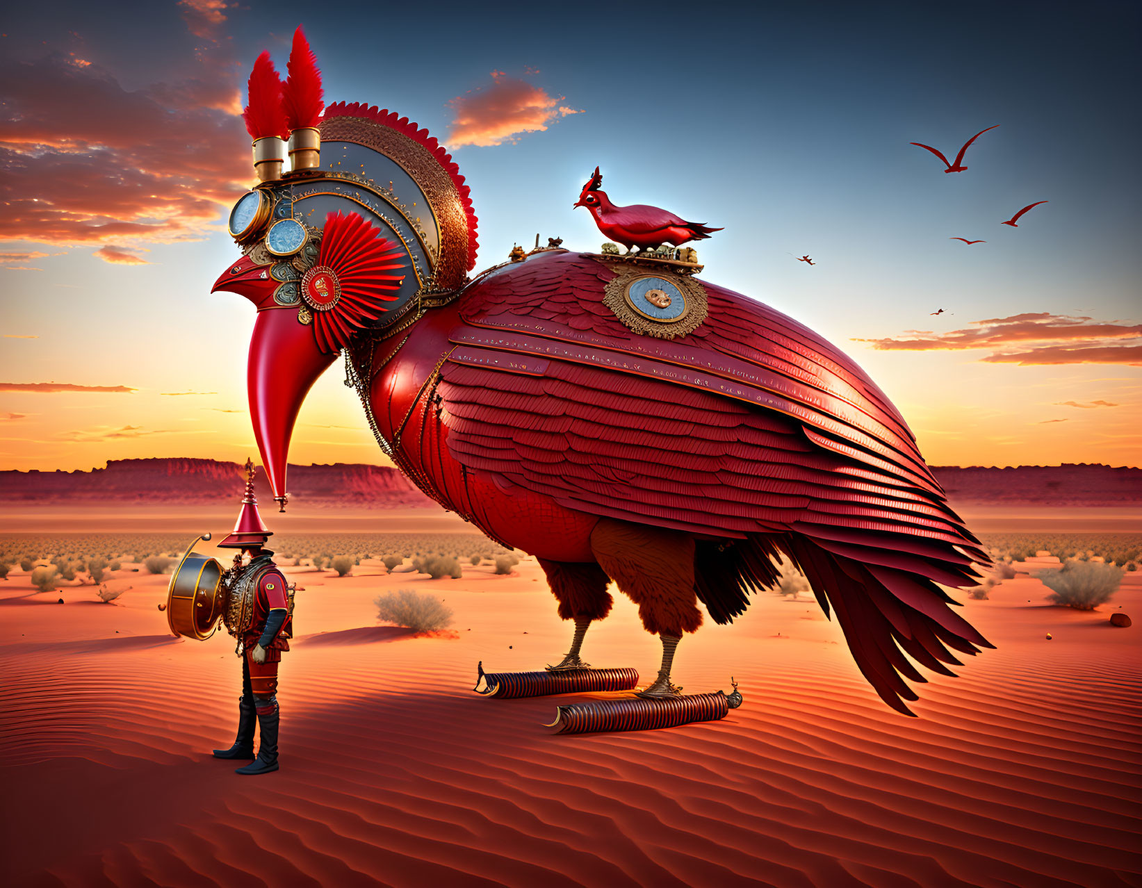 Steampunk mechanical rooster with gears in desert at sunset