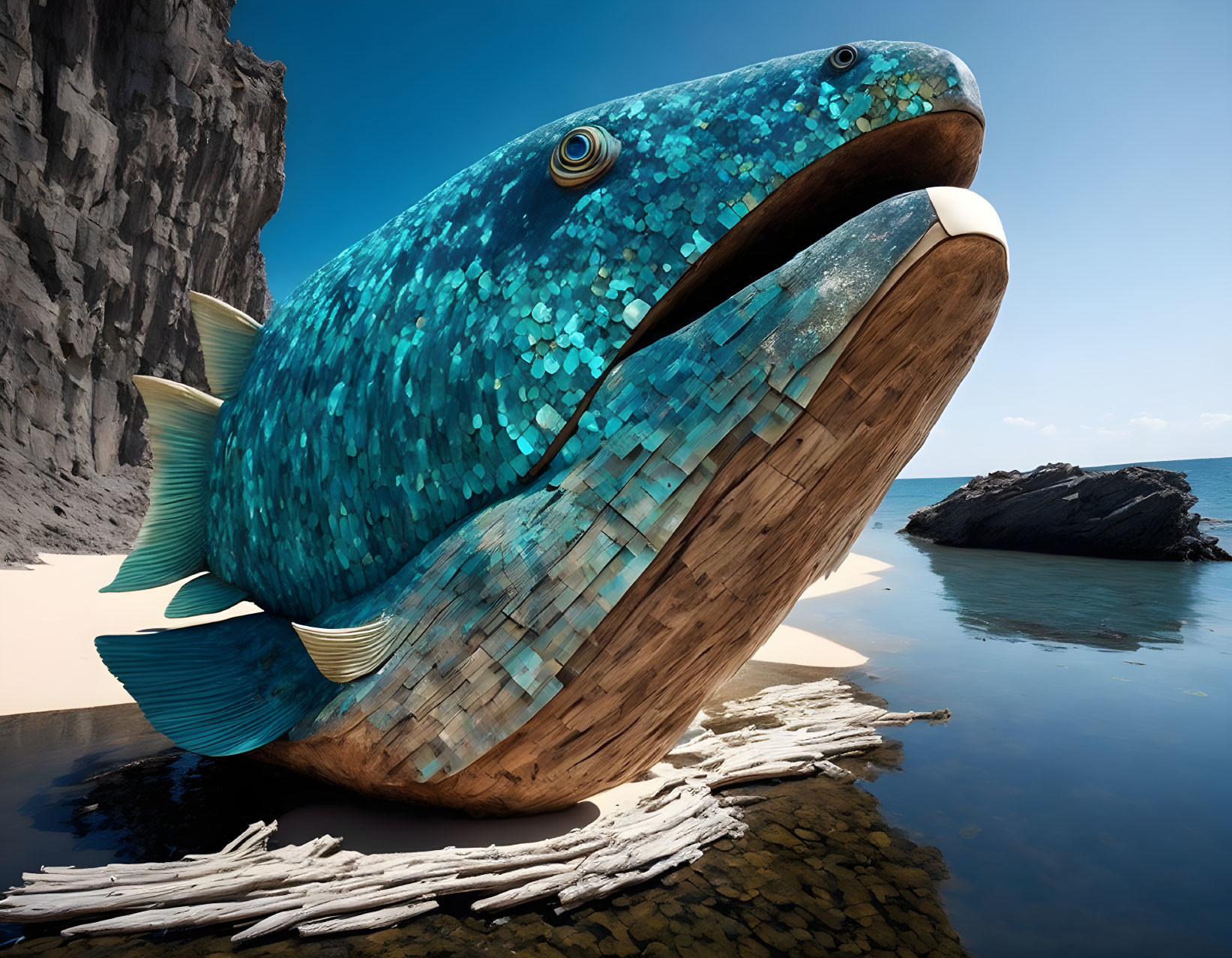 Surreal mosaic-like giant fish on sandy shore with calm water and rocky cliffs