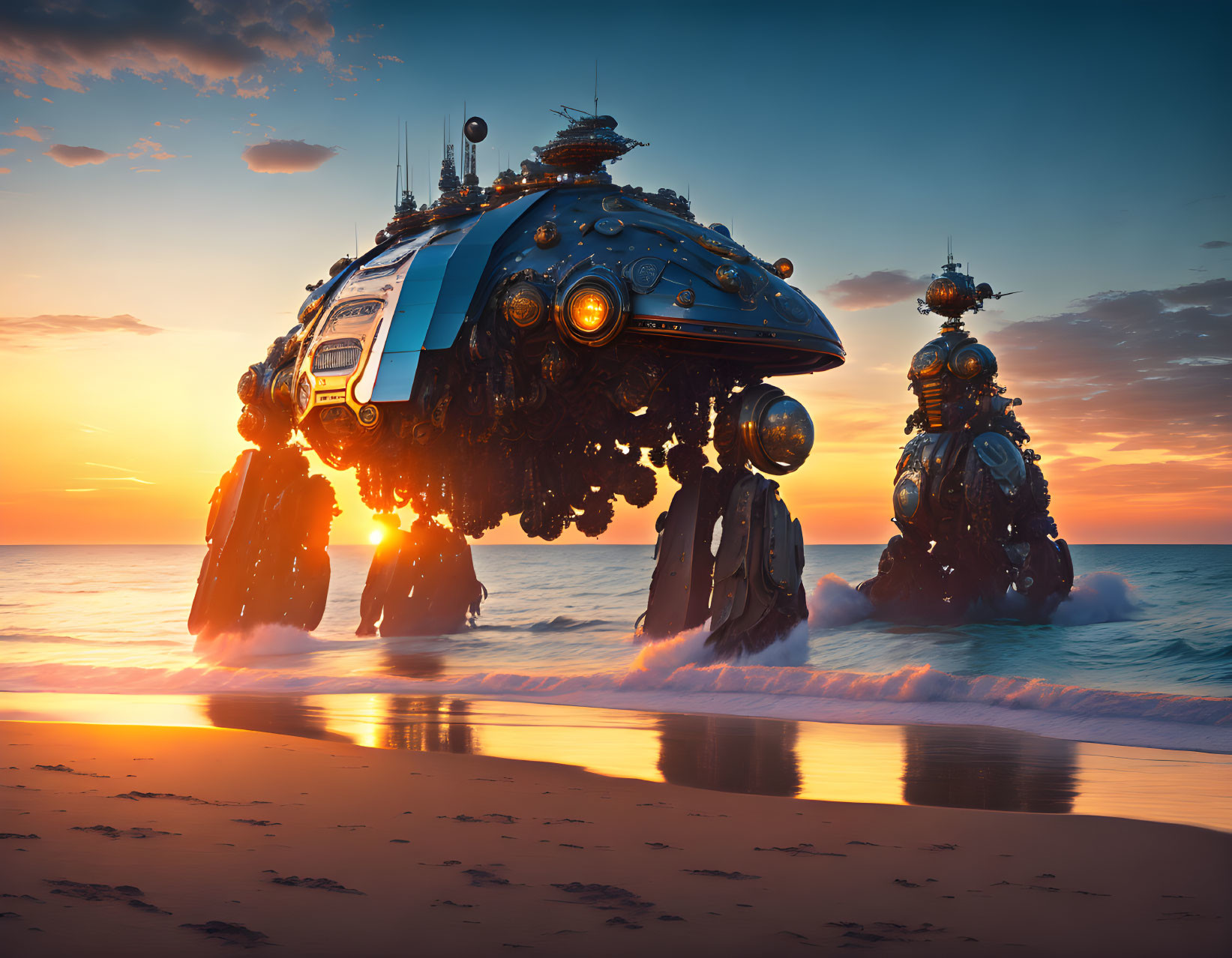 Amphibious Vehicles with Spherical Modules Walking on Beach at Sunset