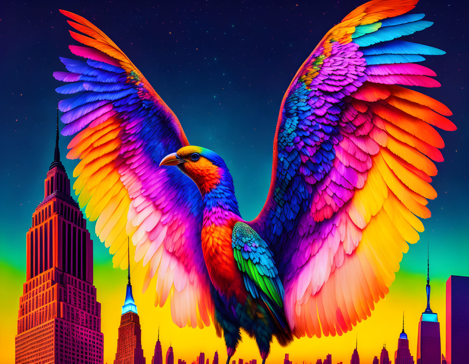 Colorful Phoenix Flying Over Neon Cityscape at Night