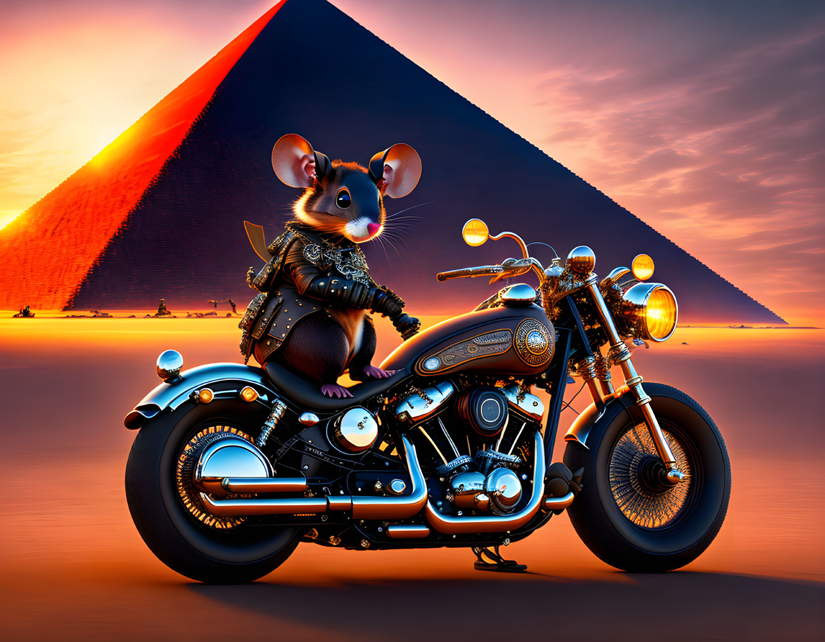 Anthropomorphic Mouse on Motorcycle at Pyramid Sunset