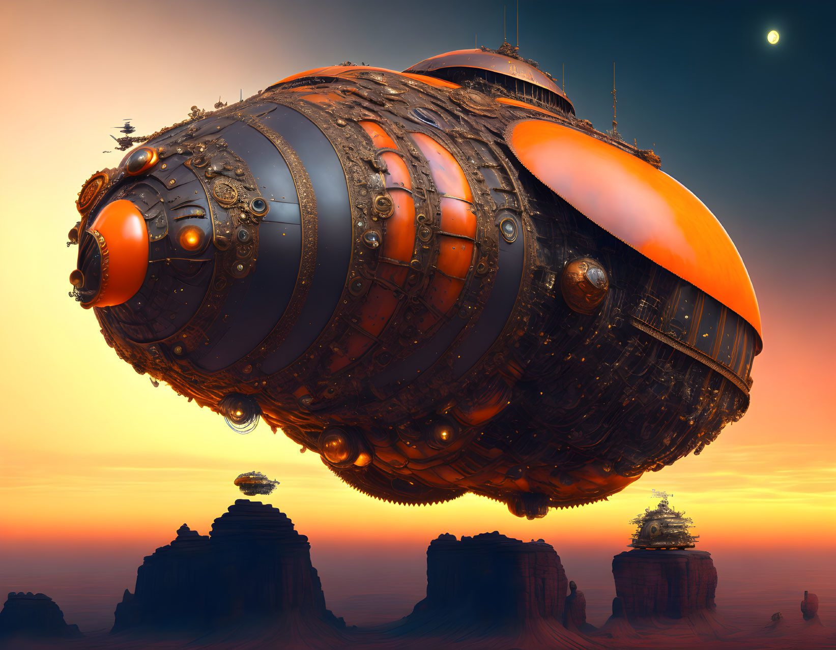 Orange airship with metallic details in desert sunset.