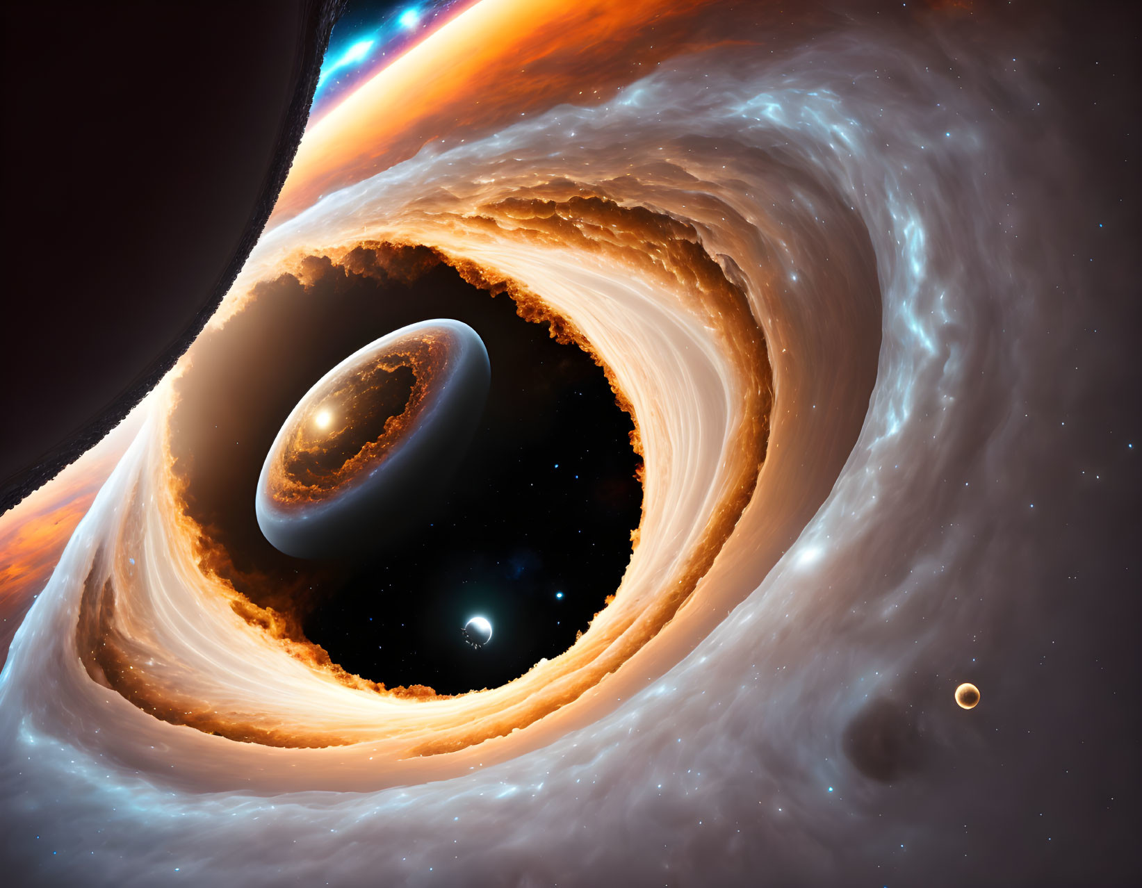 Cosmic scene featuring black hole, accretion disks, planets, and stars