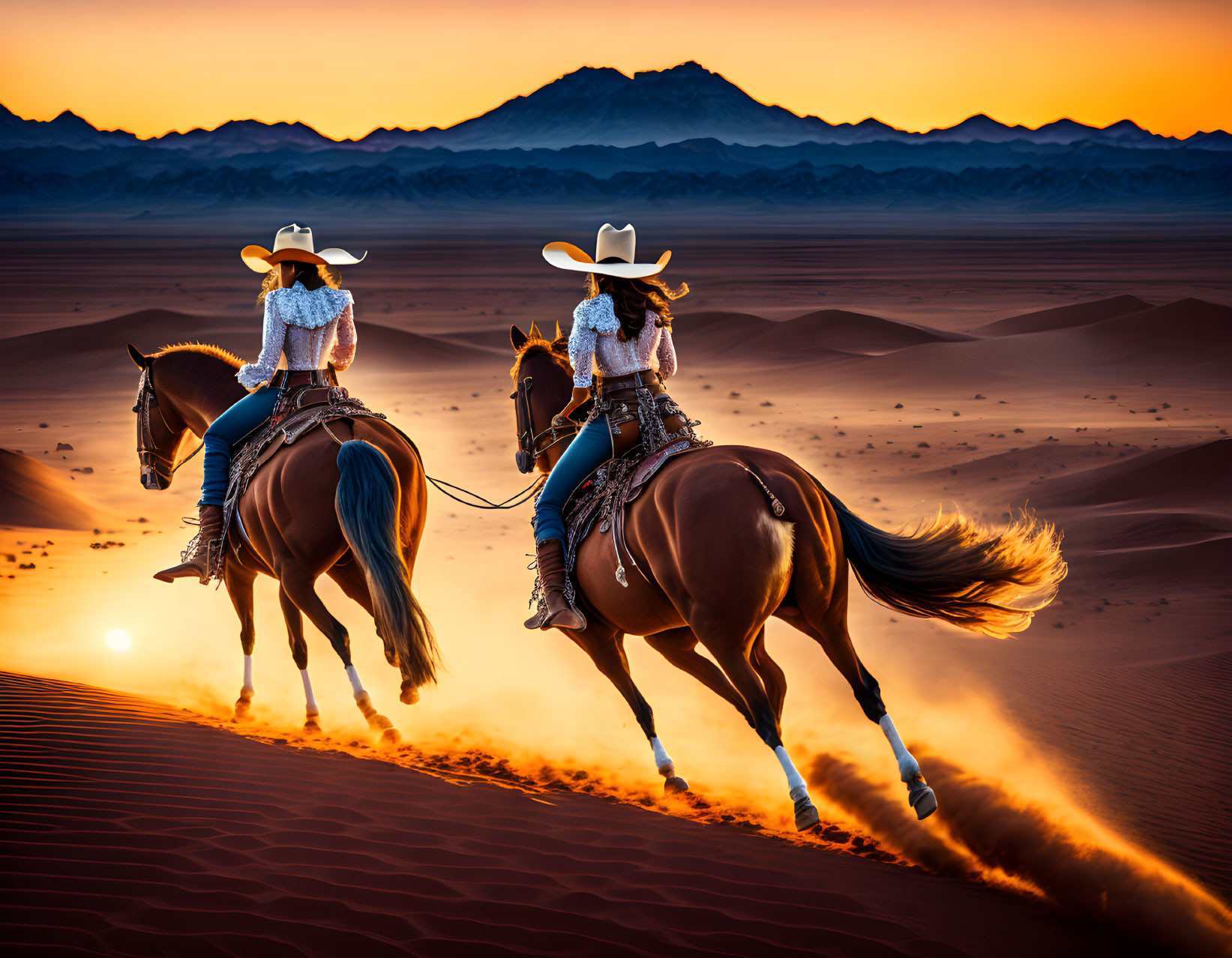 Cowgirls riding horses in desert at sunset with mountains and sand kicked up