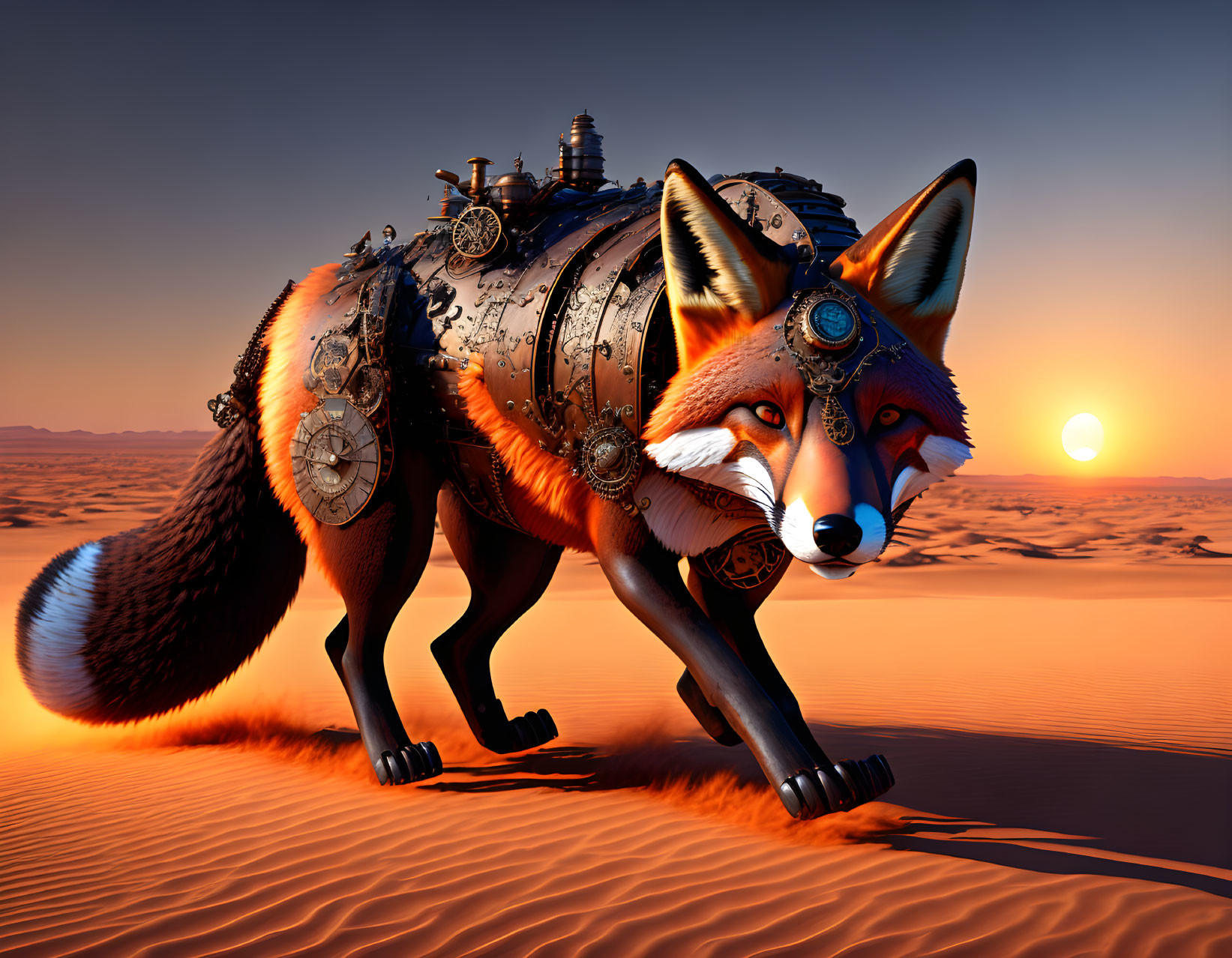 Mechanical fox with gears in desert at sunset