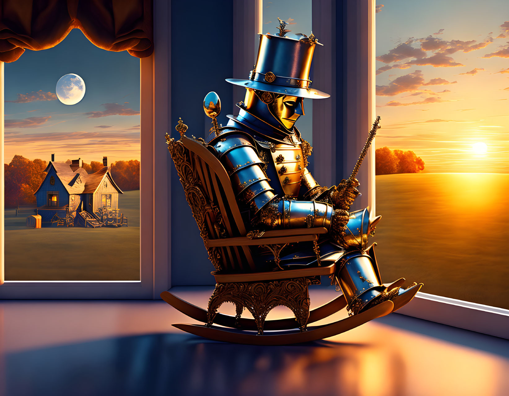 Knight in shining armor gazes at sunset from rocking chair