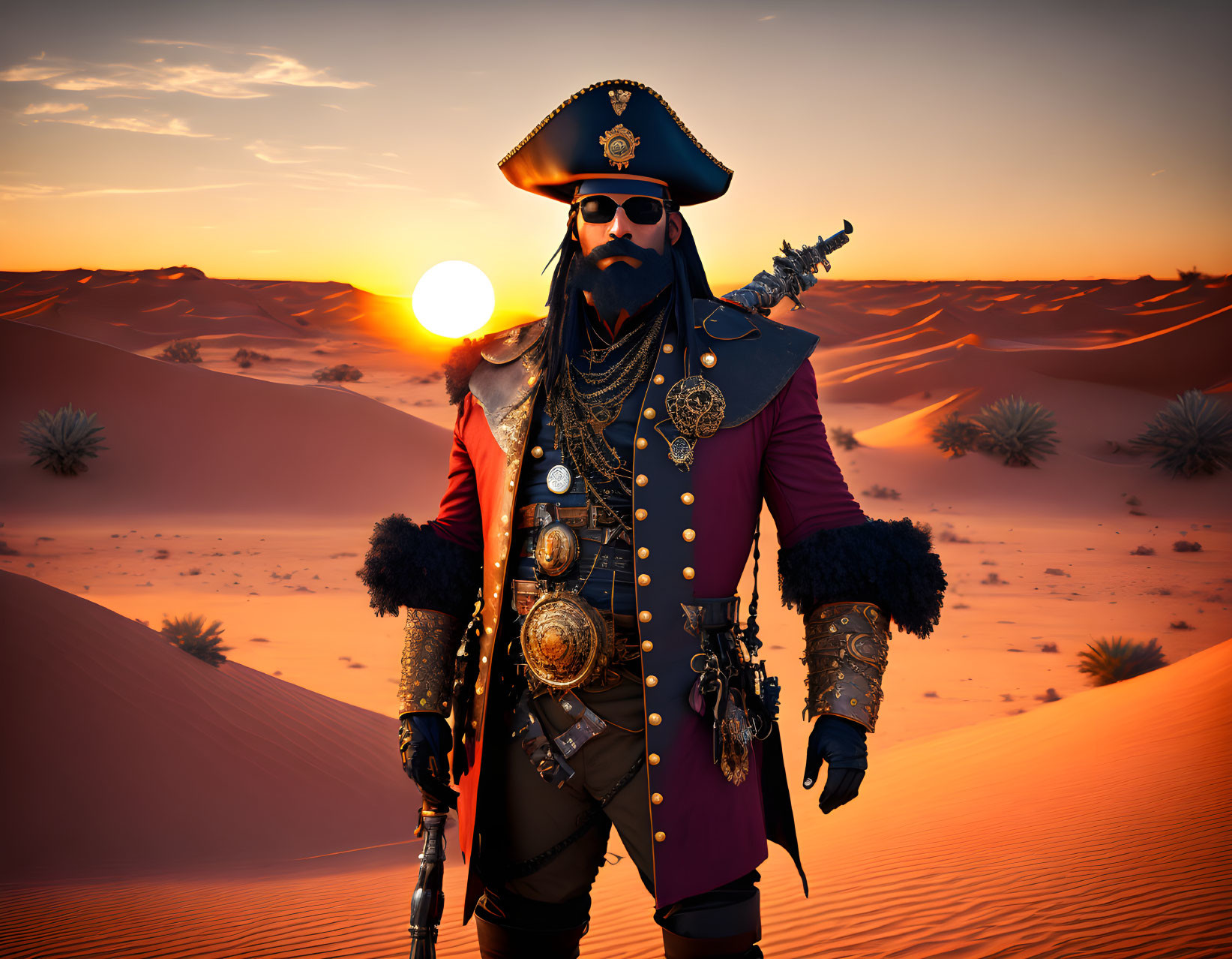 Stylized pirate captain with beard and eye patch in desert sunset.