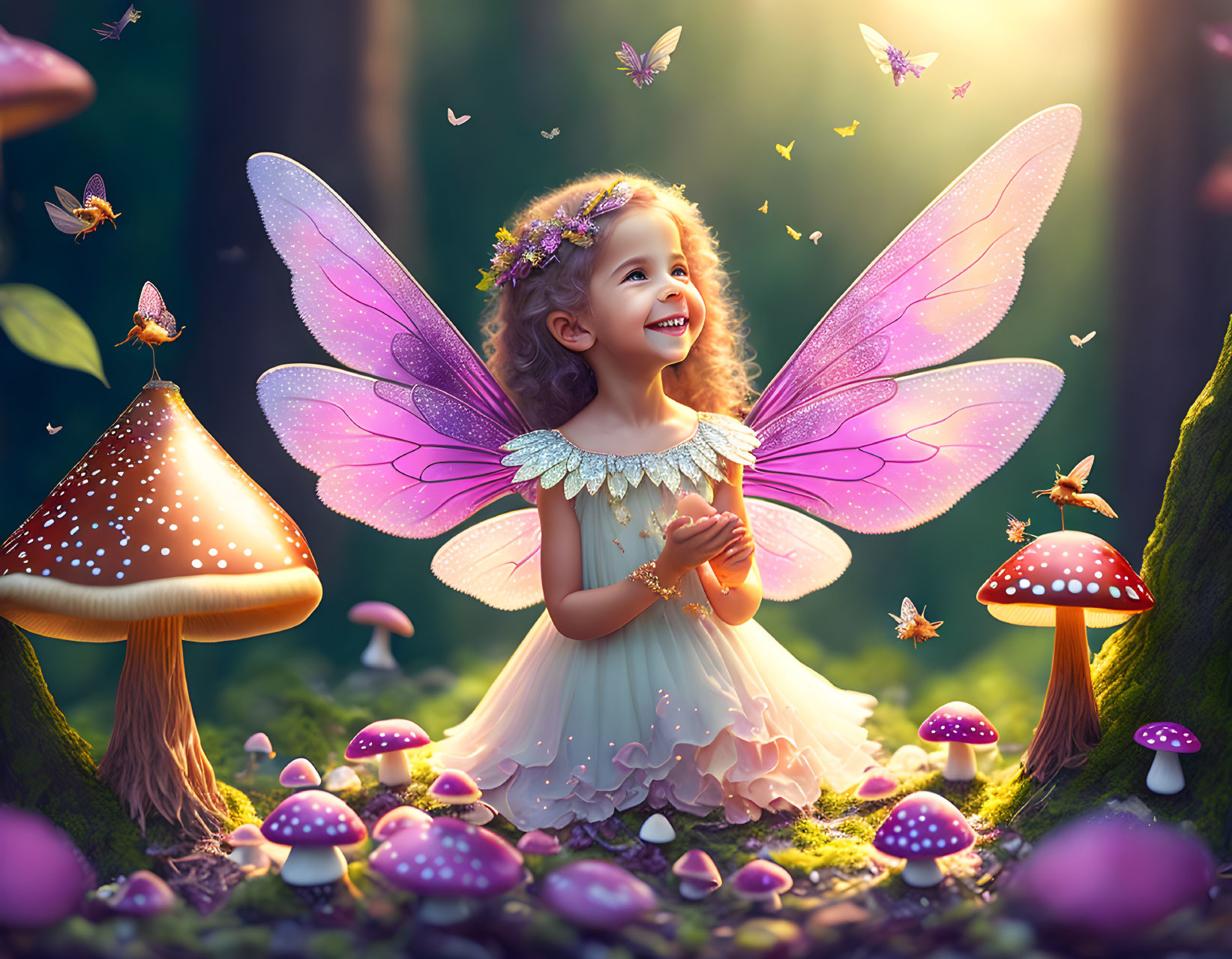 Young girl with fairy wings in enchanted forest with colorful mushrooms and butterflies