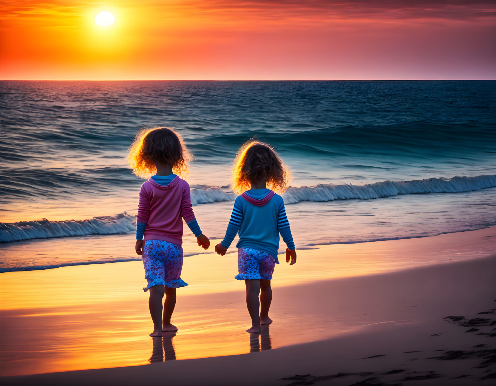 Children holding hands on beach at sunset with gentle waves and warm sun glow.