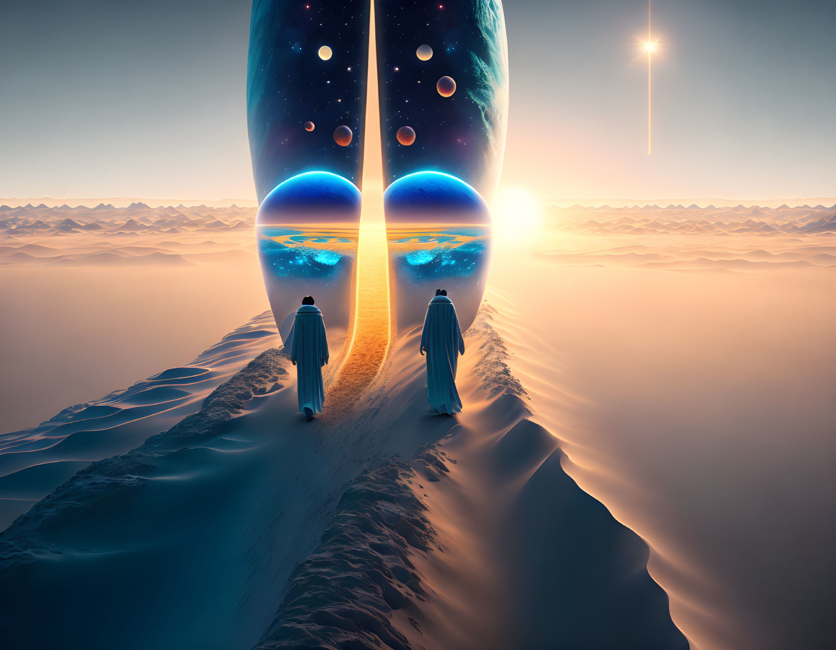 Two figures near surreal split, cosmic view with planets, desert landscape at sunrise or sunset