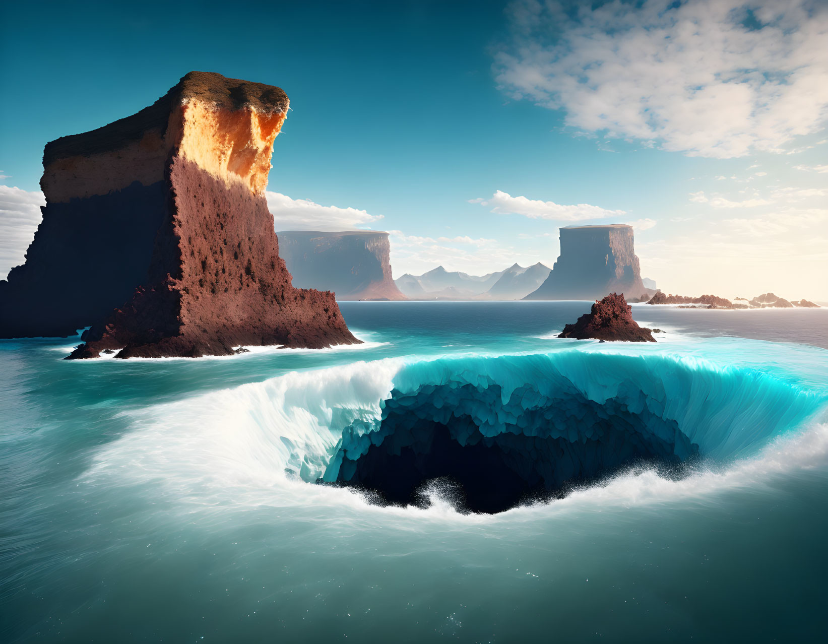 Ocean Cliffs Towering Over Massive Wave and Underwater Structure