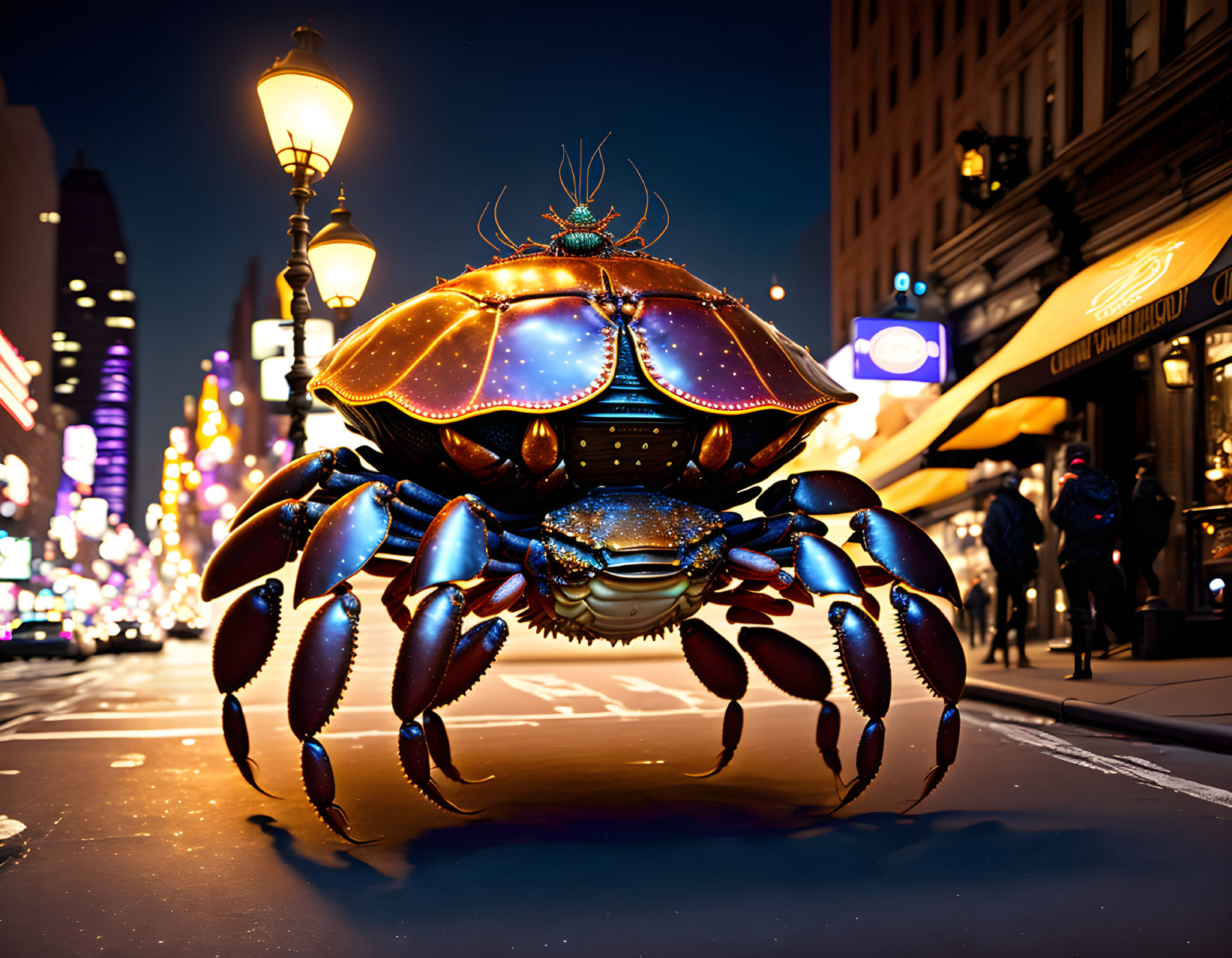 Luminescent giant crab in vibrant colors in city street at night