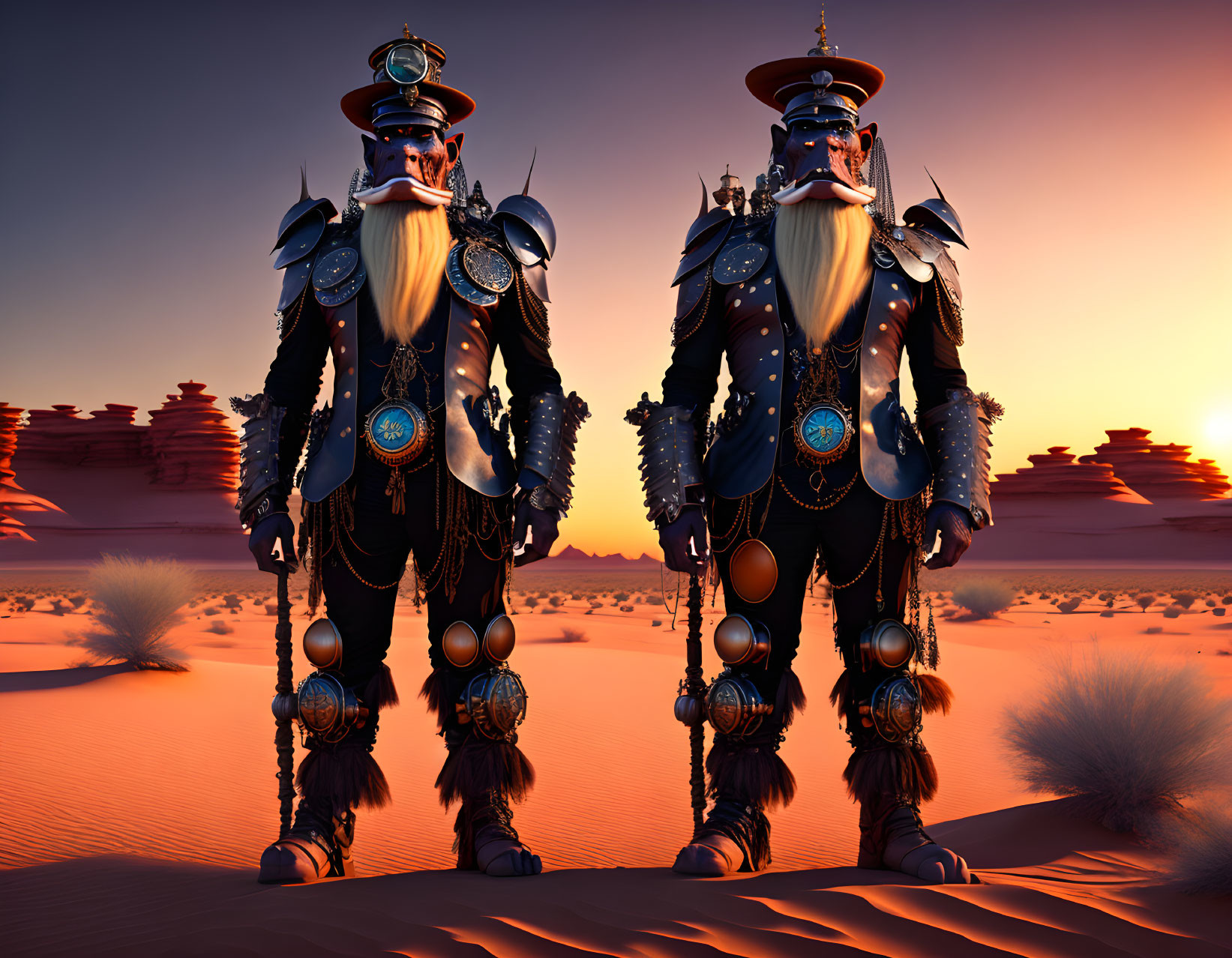 Ornately dressed fantasy characters in desert sunset silhouette