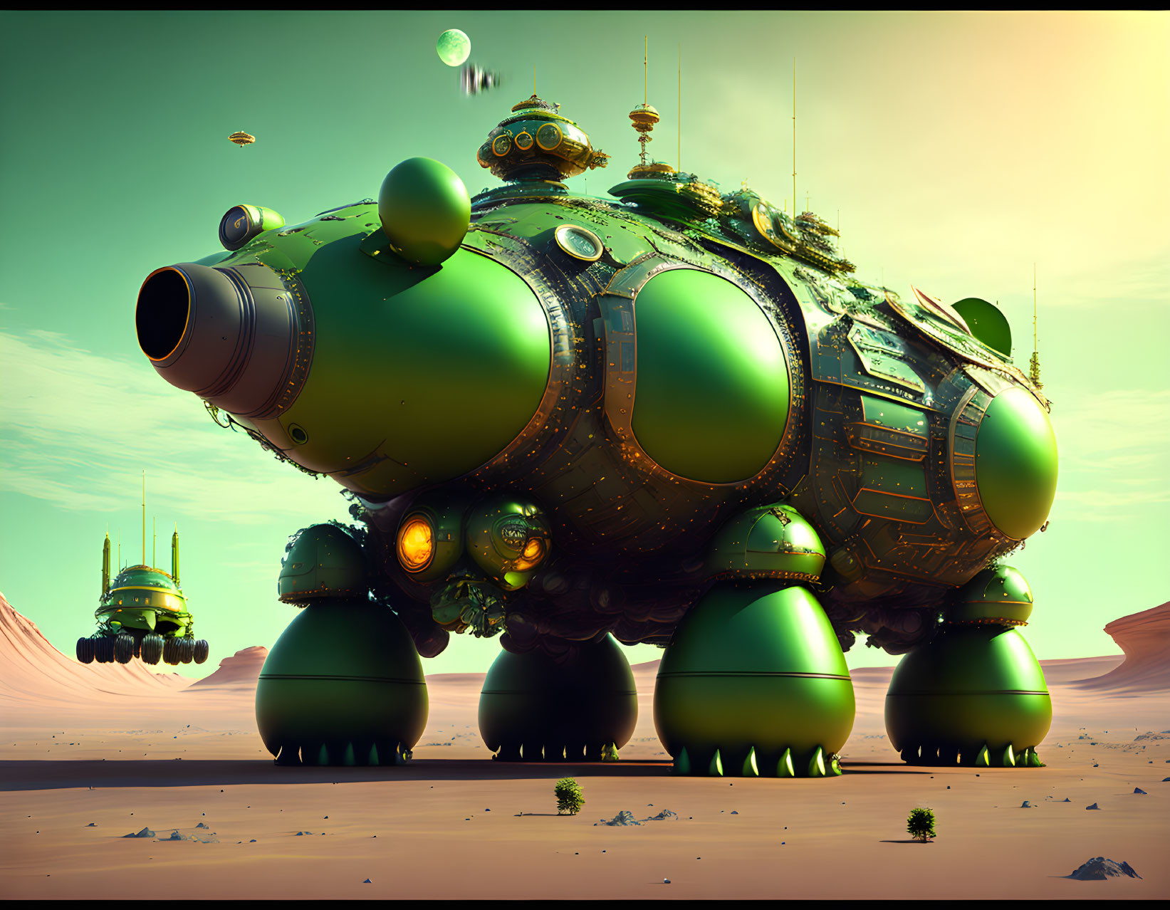 Futuristic green spaceship with spherical modules on desert-like alien planet