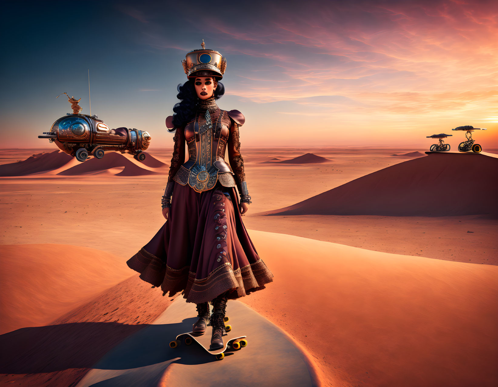 Elaborate steampunk attire woman on skateboard in desert with floating vehicles.