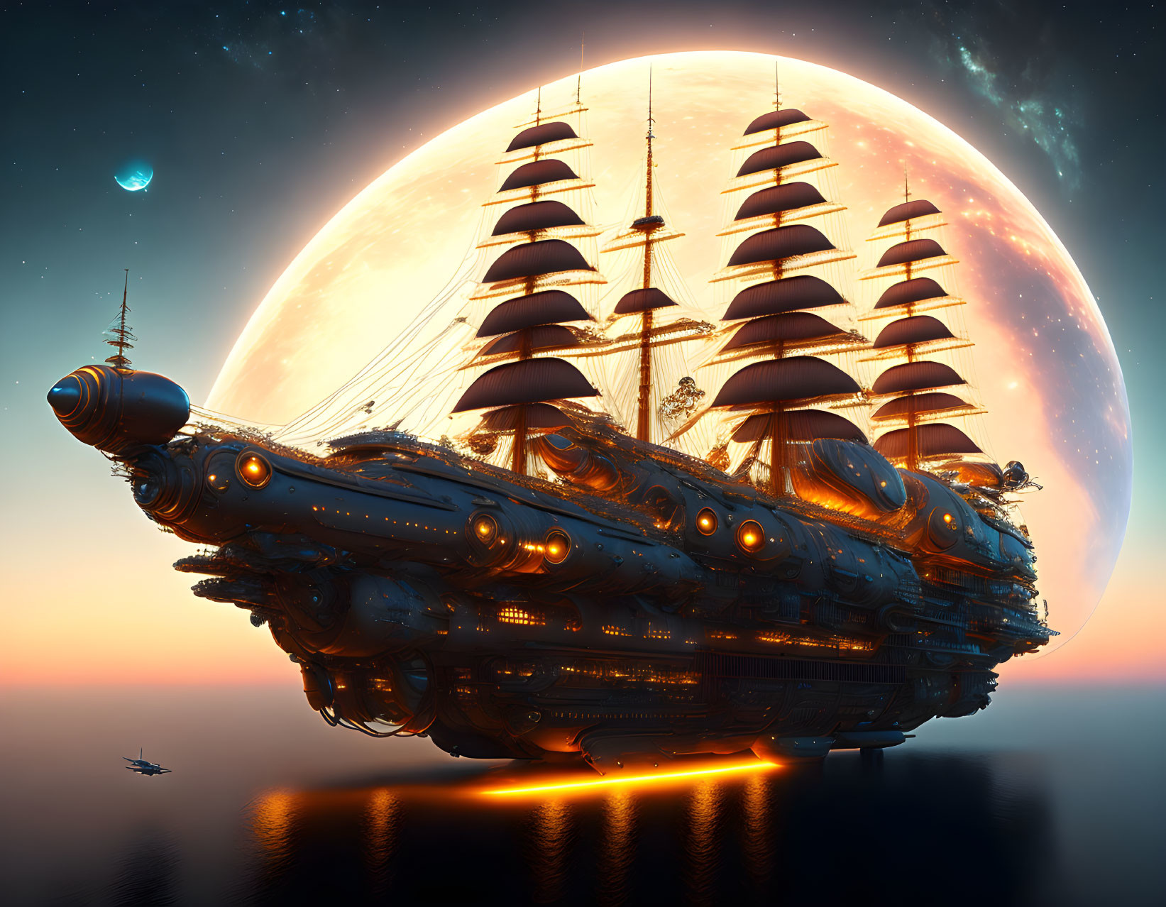 Steampunk airship with multiple masts in sky at sunset