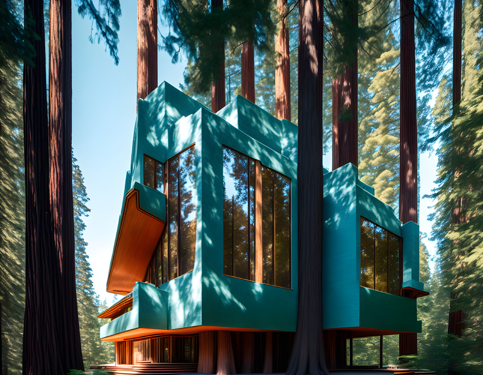 Modern House with Large Glass Windows in Redwood Forest