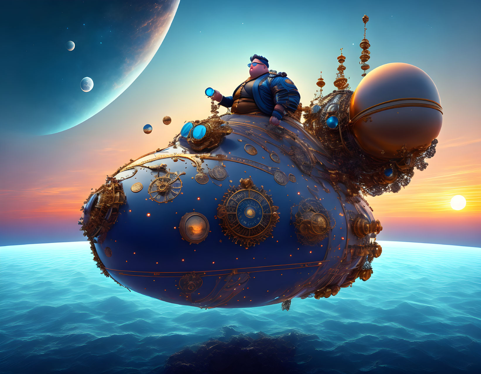 Whimsical steampunk airship with rotund gentleman on surreal horizon