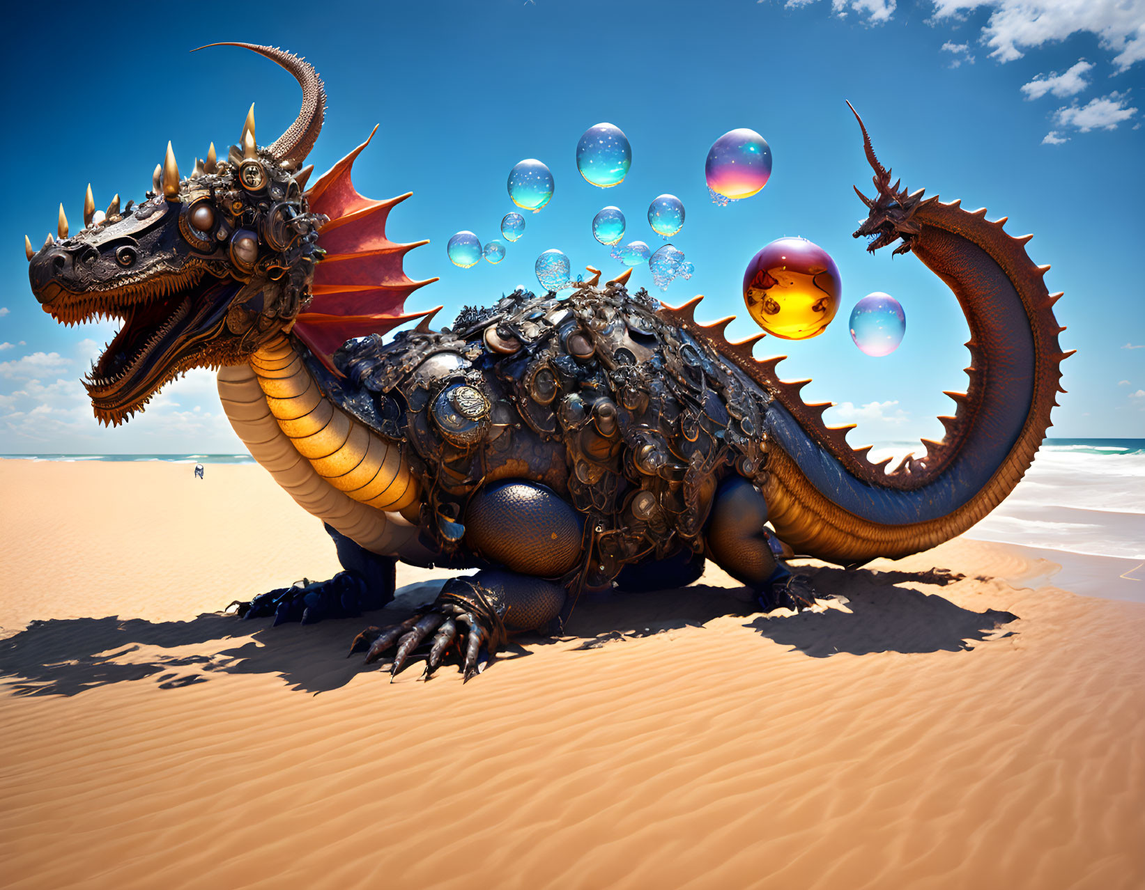 Intricate dragon with reflective bubbles on sandy beach