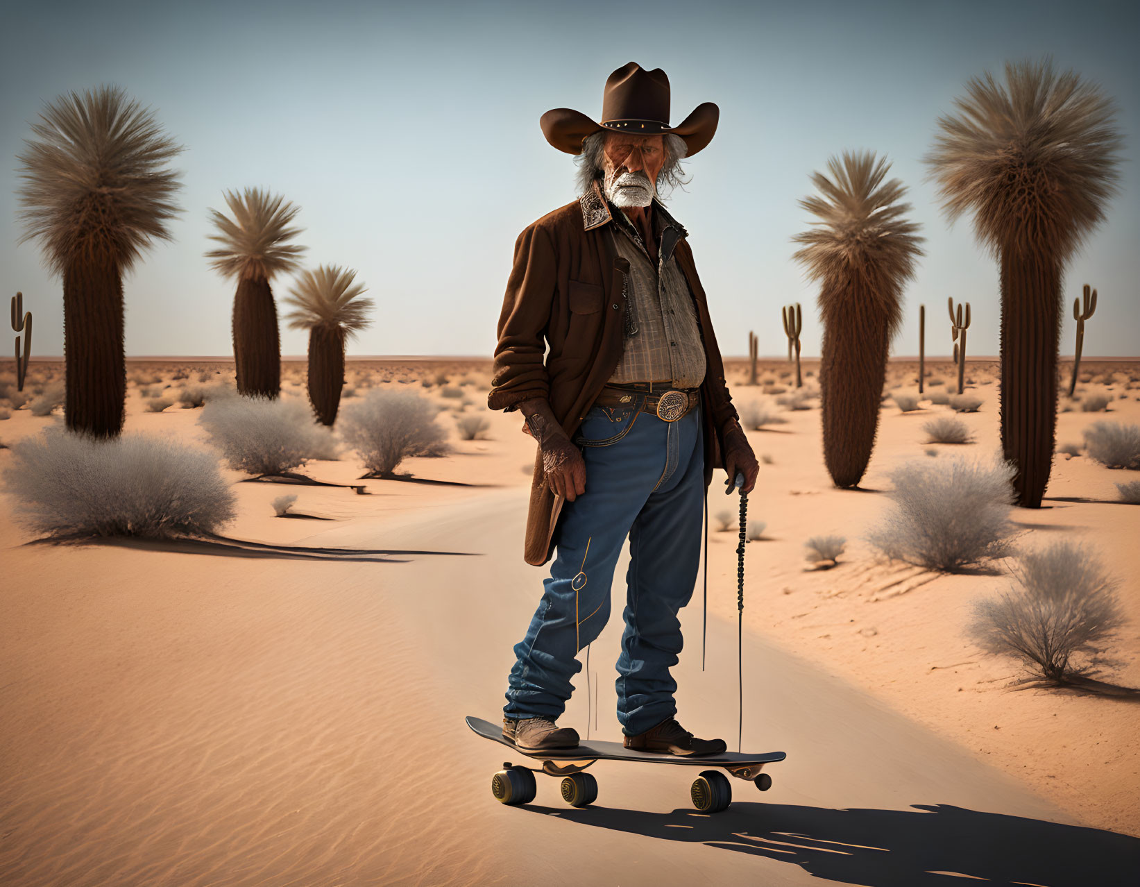 Elderly cowboy on skateboard in desert with Joshua trees